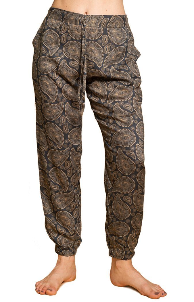 PANASIAM Stoffhose Relaxed pants geometric style aus 100 %Baumwolle bequeme Damenhose mit Taschen Gummibund hinten Freizeithose Chillhose Relaxhose Beige Mandala