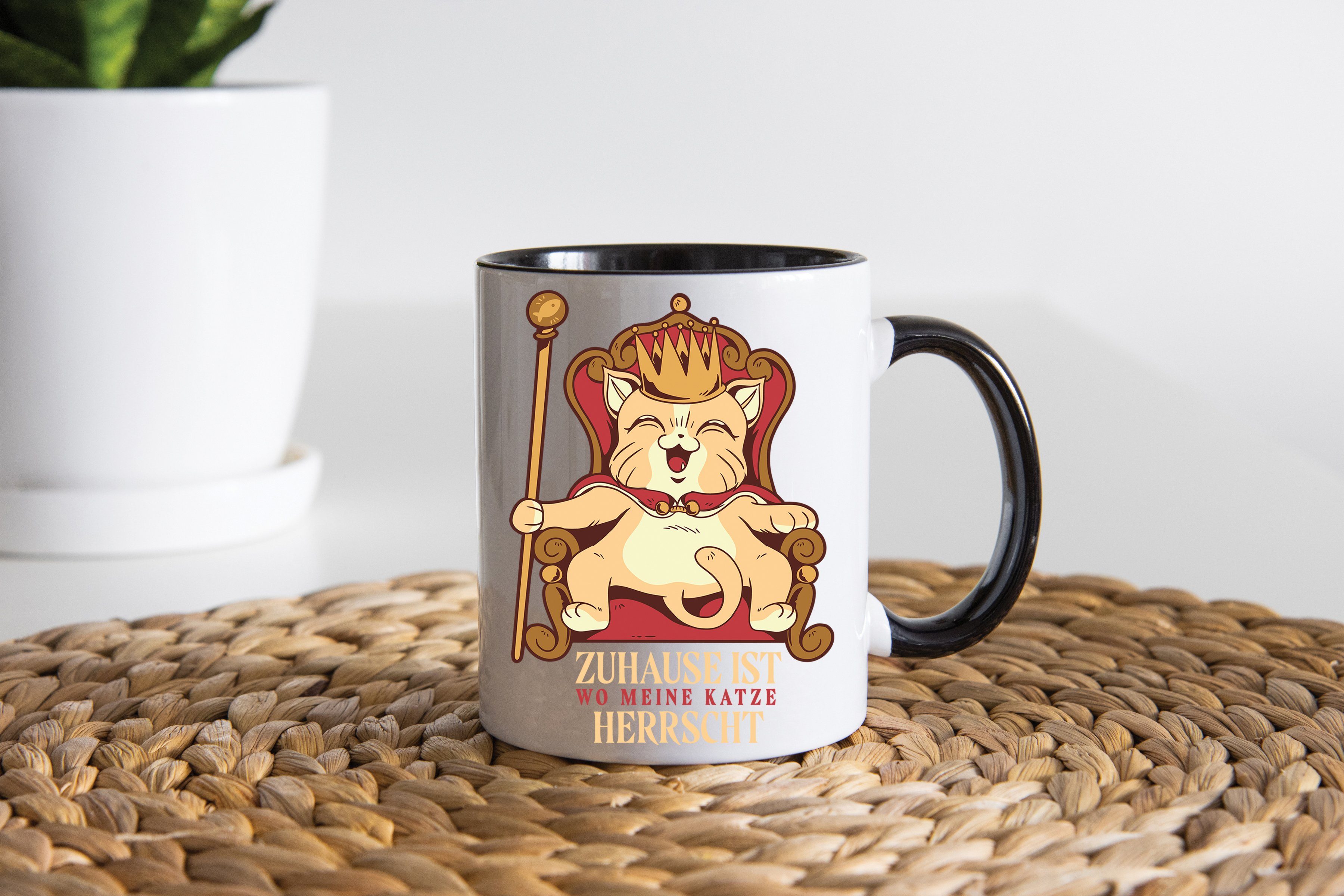Youth Designz Tasse Cat King Weiß/Schwarz süßem Geschenk, Kaffeetasse Print Keramik, mit
