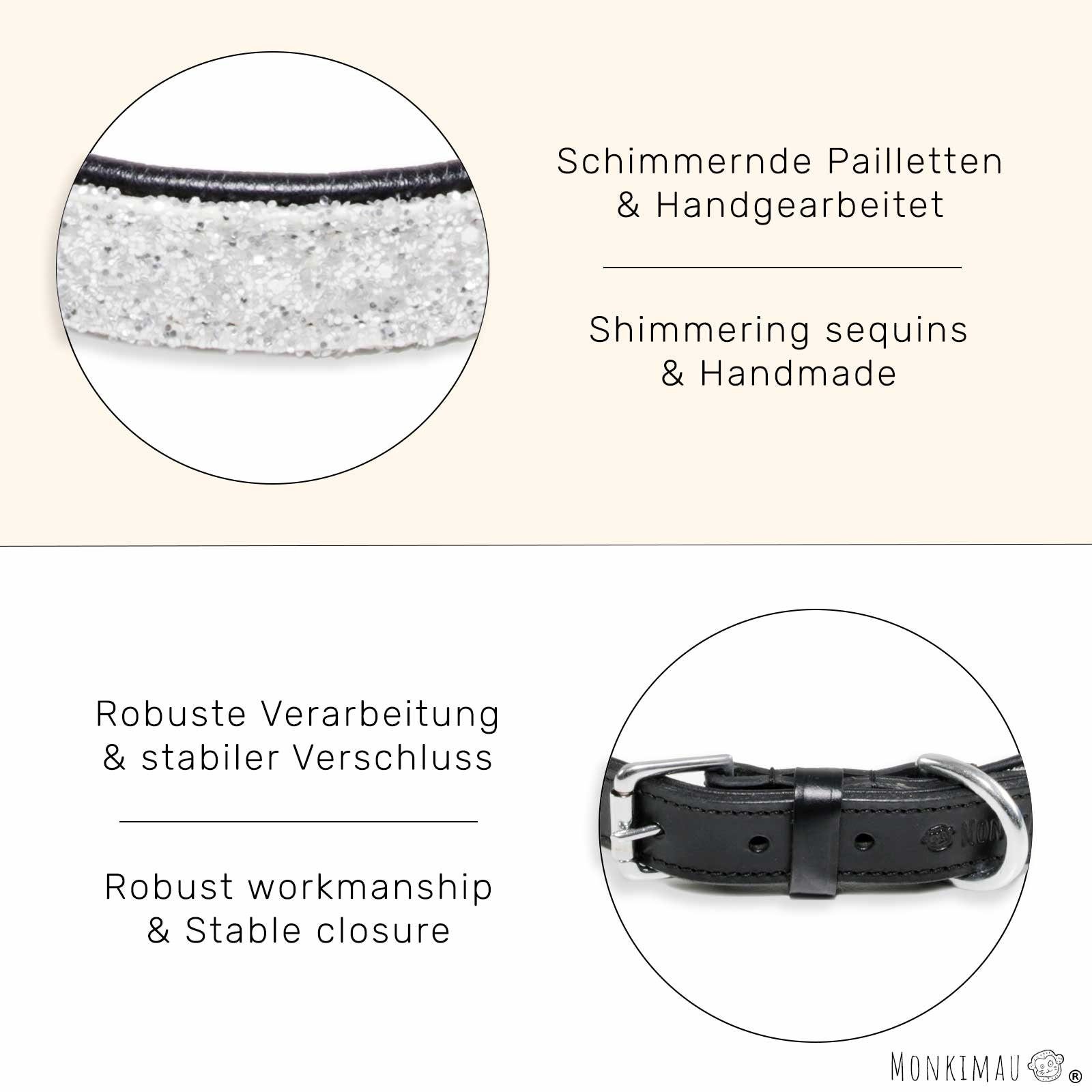 Monkimau Hunde-Halsband Hundehalsband Leder Halsband Hund schwarz mit weißen Pailletten S-XS, Leder
