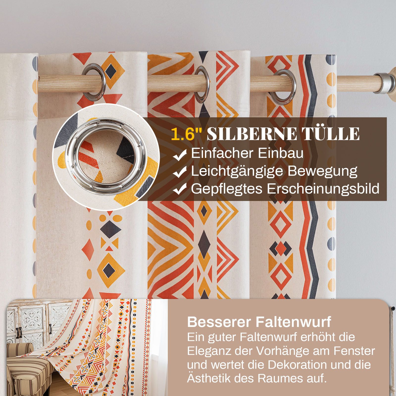 BTTO V&G Outdoorvorhang 2er-Set Vorhänge Boho Gardinen Ösen Outdoor-Gardinen,Wasserdicht, H×B: 213 x 132,244 x 132,274 x 132cm,für Wohnzimmer Schlafzimmer – Bild 3 von 5