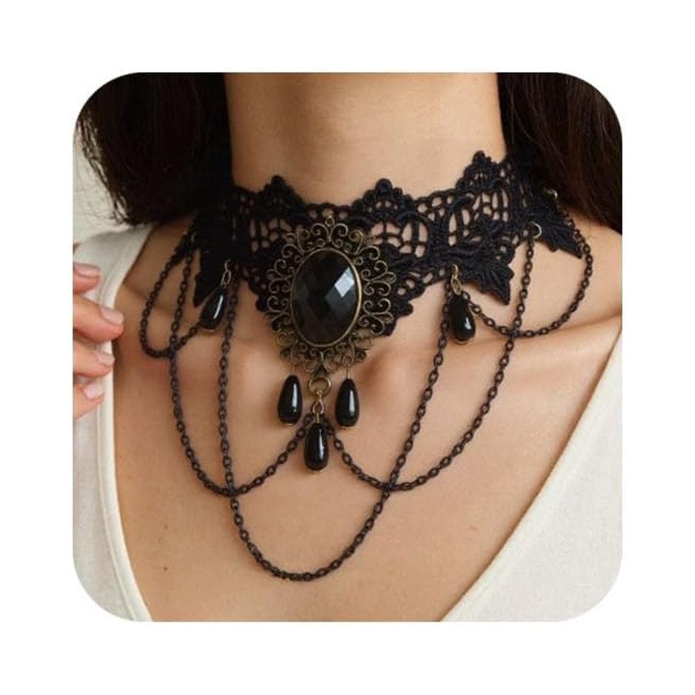Coonoor Textilband Gothic Choker für Damen, Halloween Kostüm Schmuck (1-tlg), mit Kristallen und Spitze, für Hexen, Vampire und Gothic Fans