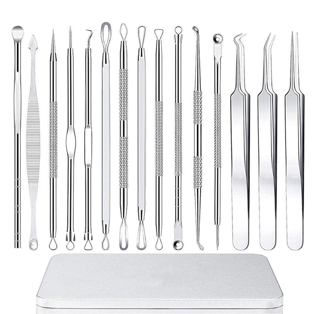 TUWENA Mitesserentferner Mitesserentferner Komedonenquetscher Set, 15 Stücke Blackhead Remover, Edelstahl rostfrei, rutschfest & präzise, hautfreundlich mit Metallbox