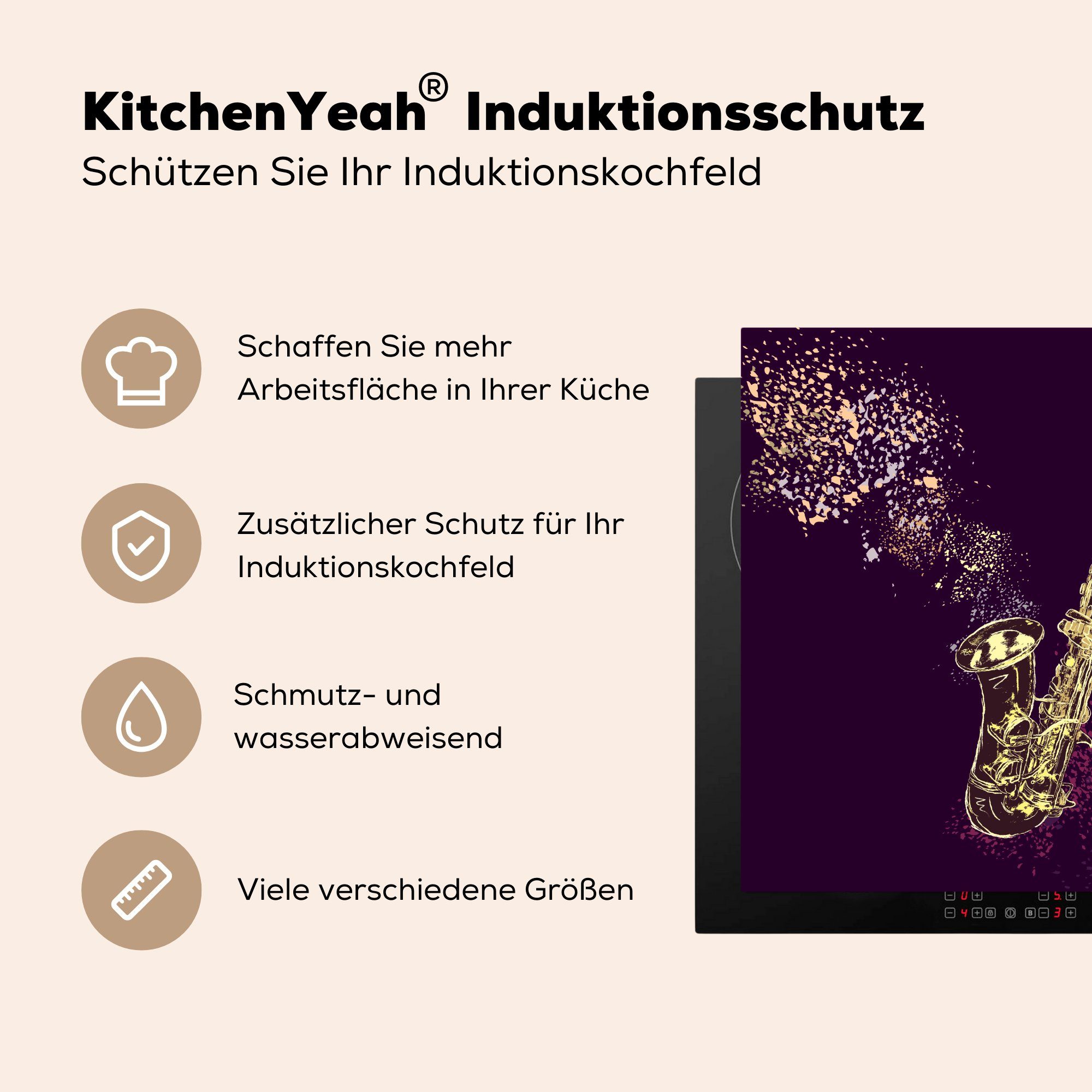 einem (1 für Vinyl, cm, lila Hintergrund, MuchoWow 78x78 küche Saxophons Illustration eines Arbeitsplatte goldenen tlg), Ceranfeldabdeckung, auf Herdblende-/Abdeckplatte