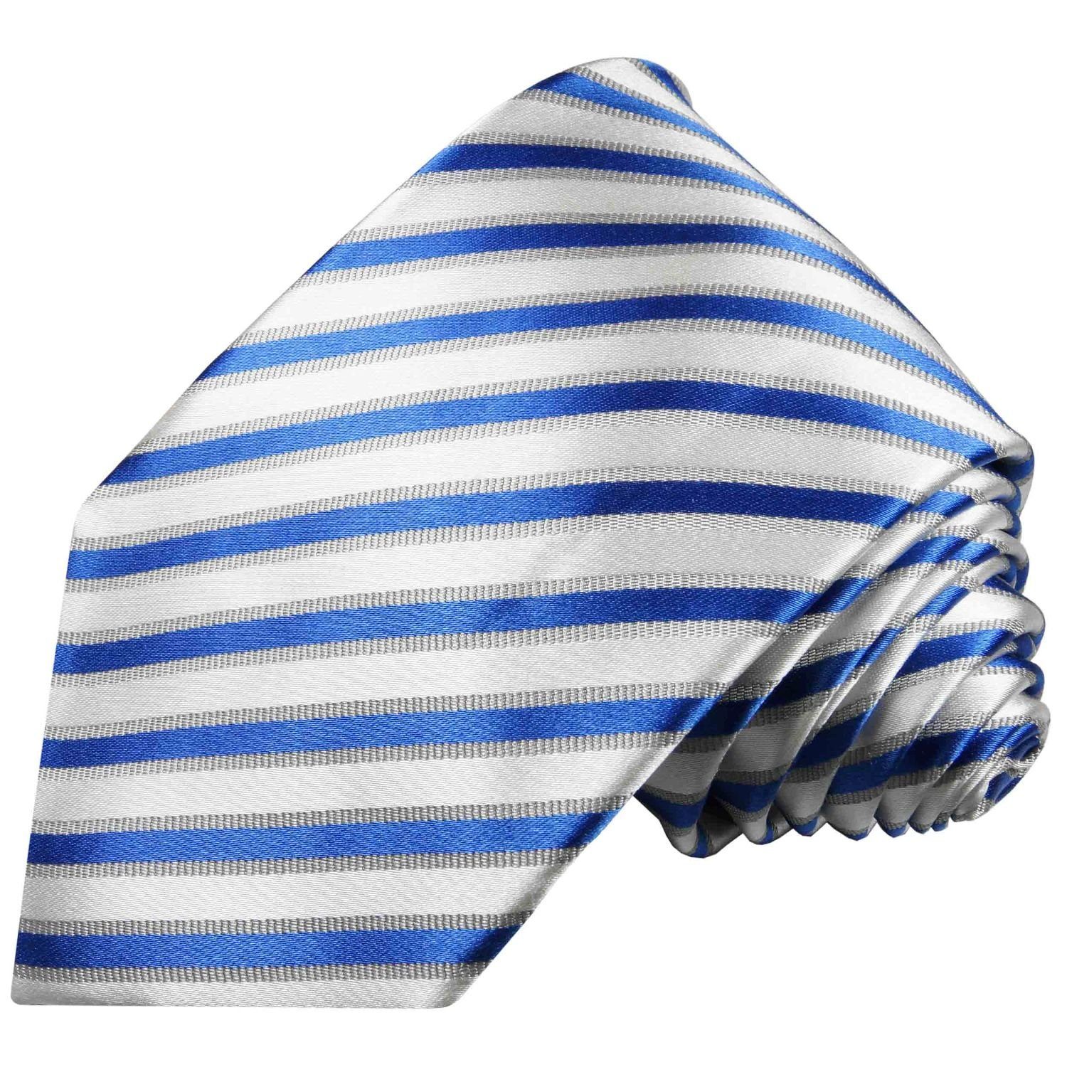 (6cm), Krawatte modern gestreift Herren Einstecktuch) Seidenkrawatte Seide 100% Schmal Malone Krawatte weiß Tuch 2-St., 685 mit mit (Set, blau Paul