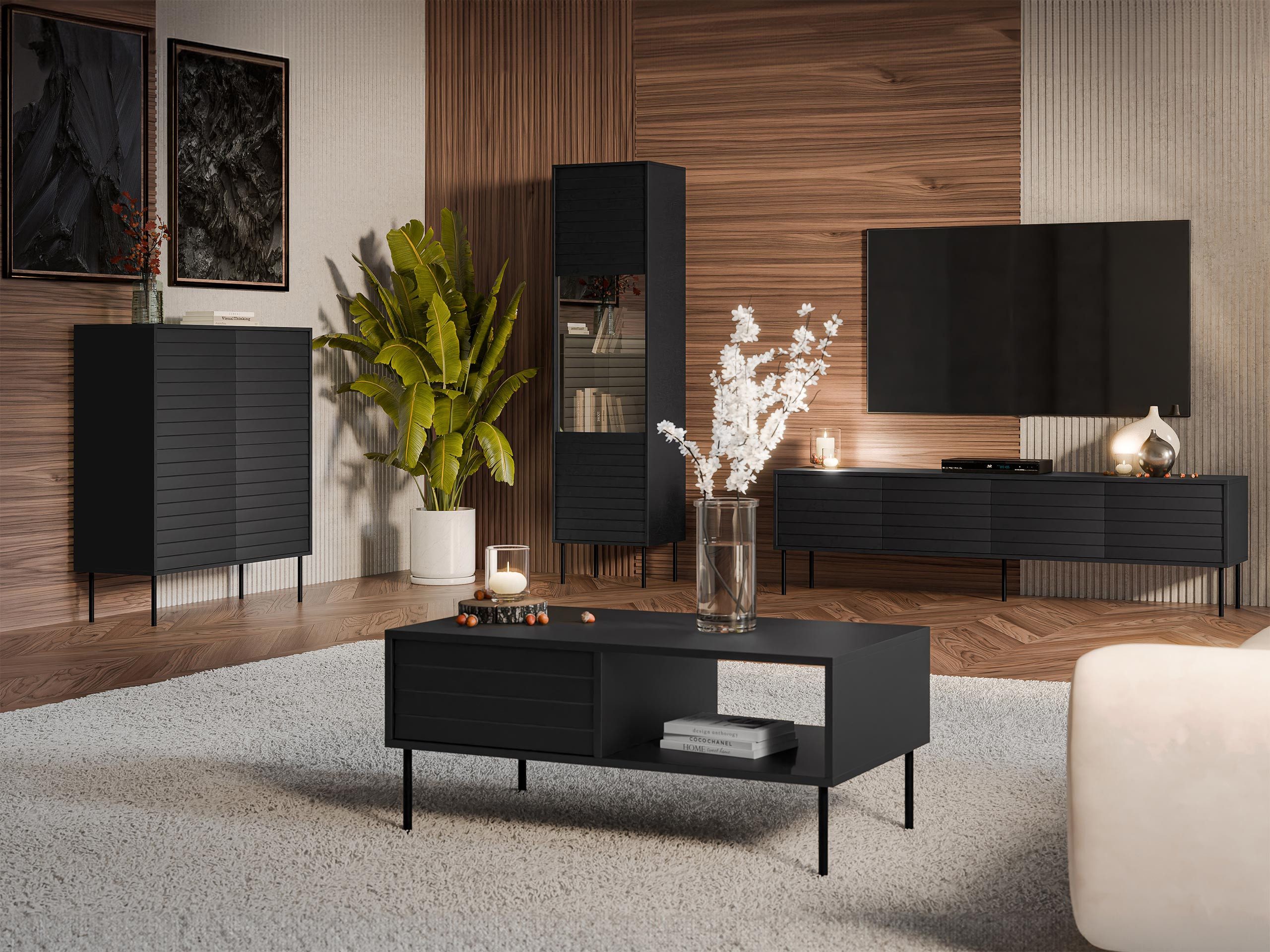 MIRJAN24 Wohnzimmer-Set Cortina I, (4er-Set, Kommode, TV-Lowboard, Couchtisch, Vitrine), Griffloses Öffnungssystem push to open