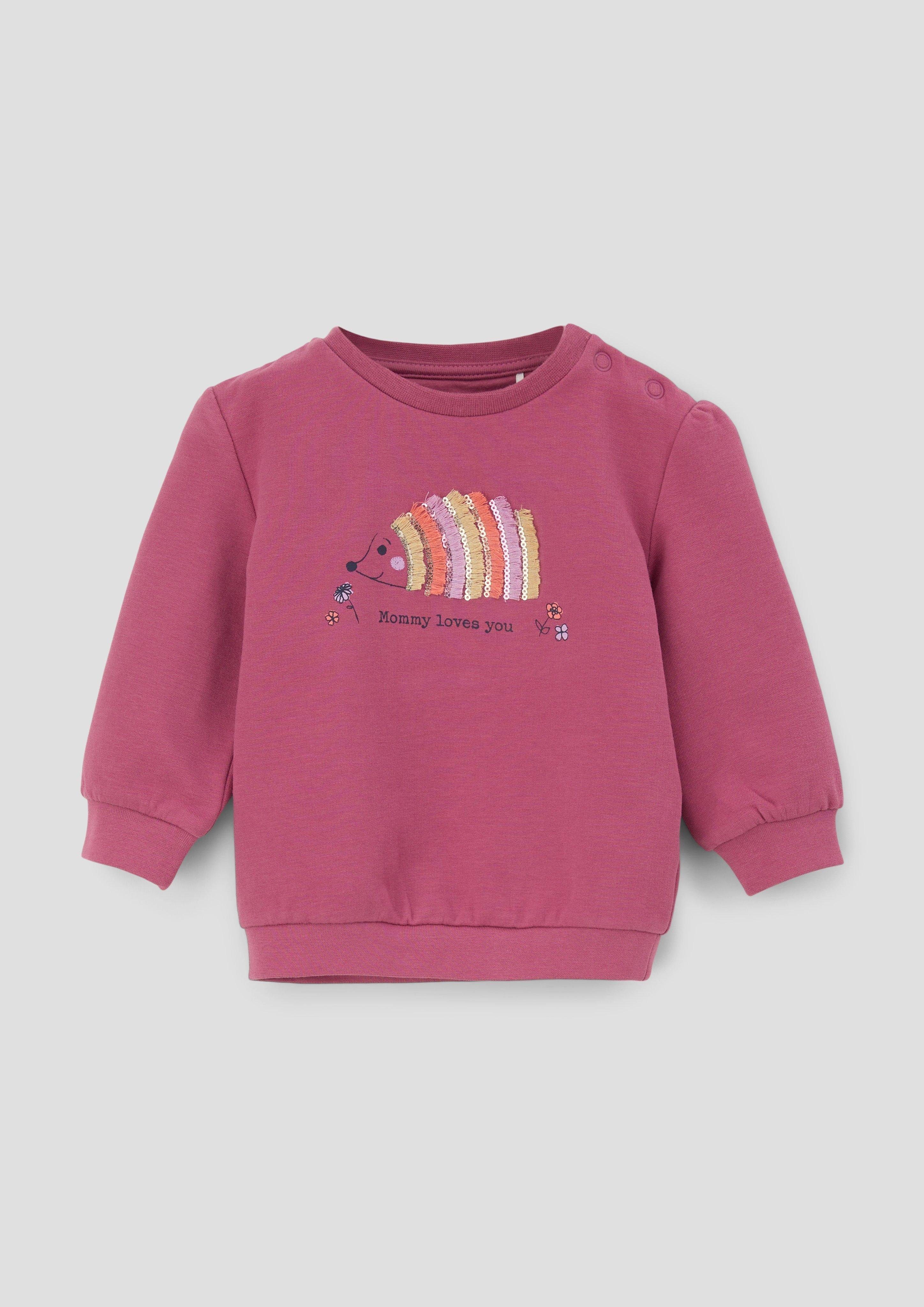 Sweatshirt Frontprint Raffung s.Oliver mit Sweater pink Fransen, Pailletten,
