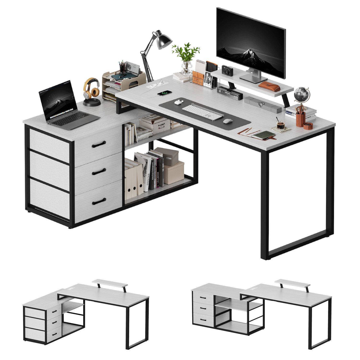 Furnicopia Eckschreibtisch 140cm mit Monitorarm, Computertisch mit drehbarer Tischplatte (Flexibel und schwenkbar, mit Steckdosen (2 Steckdosen + 2 USB-Anschlüsse), 3 großen Schubladen, 2 Ablageflächen)