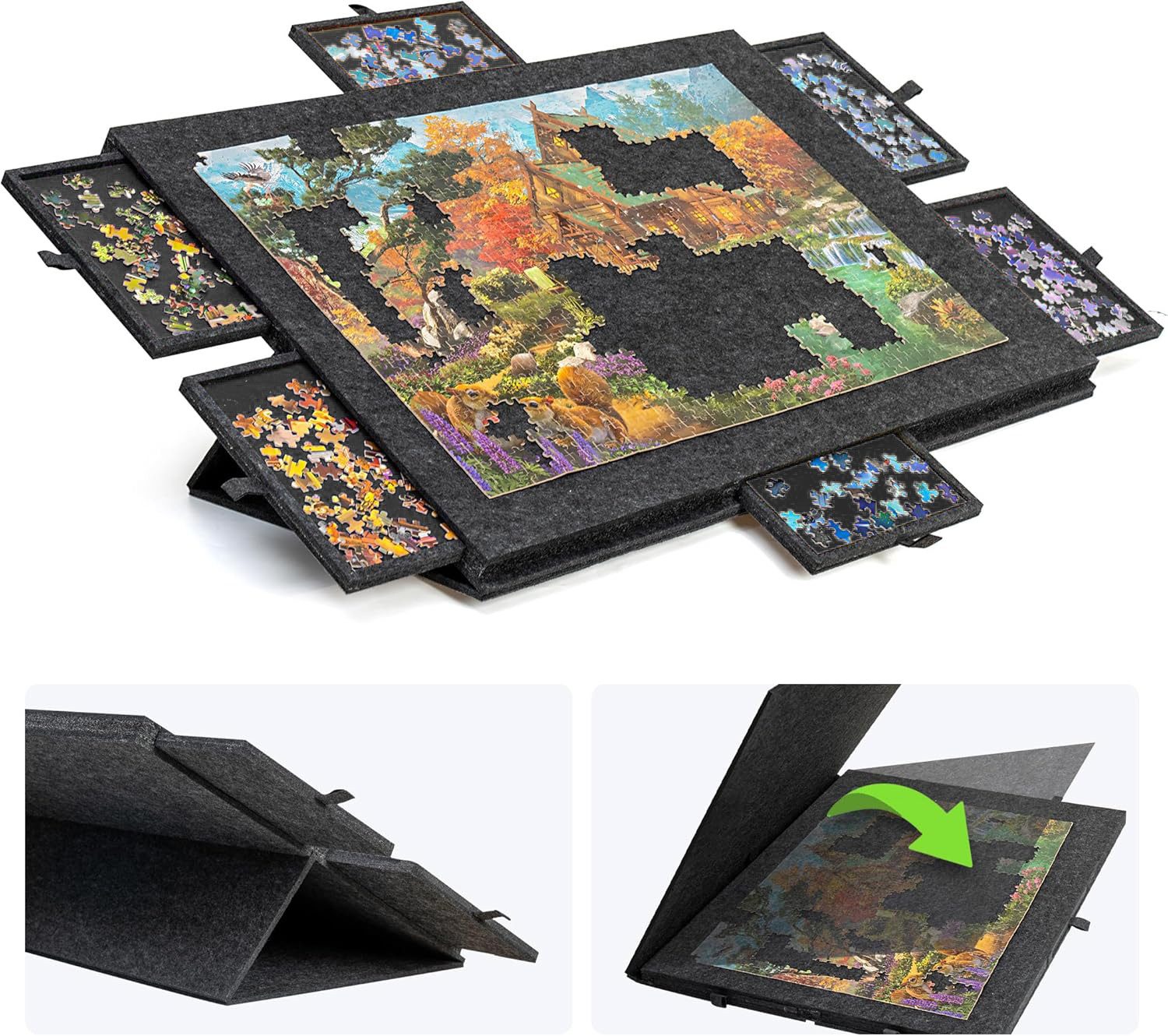 Kityhome Puzzleunterlage Puzzlebrett 2-in-1, 6 Schubladen, für 1000 Teile, tragbar, Weiche Filzoberfläche,Flache Arbeitsfläche & neigbarer Ständer