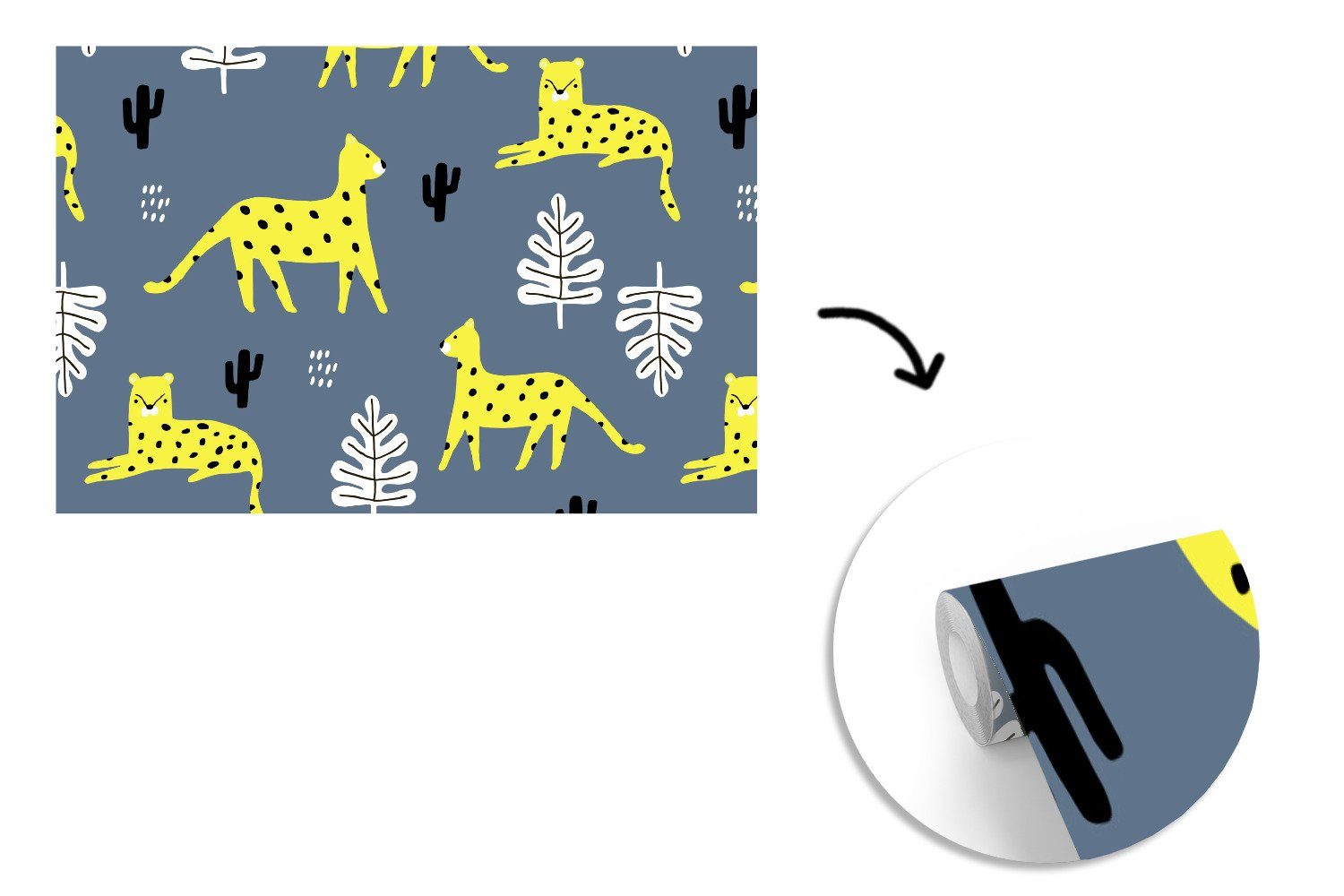 Leopard bedruckt, Vinyl MuchoWow - Wallpaper Blatt Kinderzimmer, - Muster, Wohnzimmer, (6 Fototapete St), Schlafzimmer, für Matt, Tapete