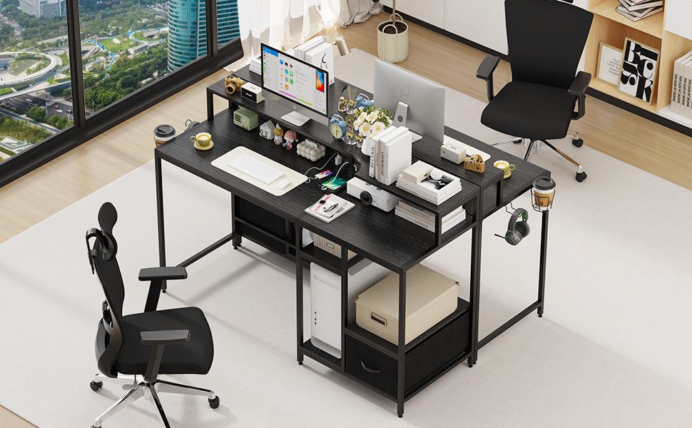 JEOBEST Schreibtisch Computertisch mit Schubladen Regal, Gaming Tisch mit Monitorständer, (1 Tisch), Stabil Stahlgestell Industrie-Design, für Büro, Heimbüro