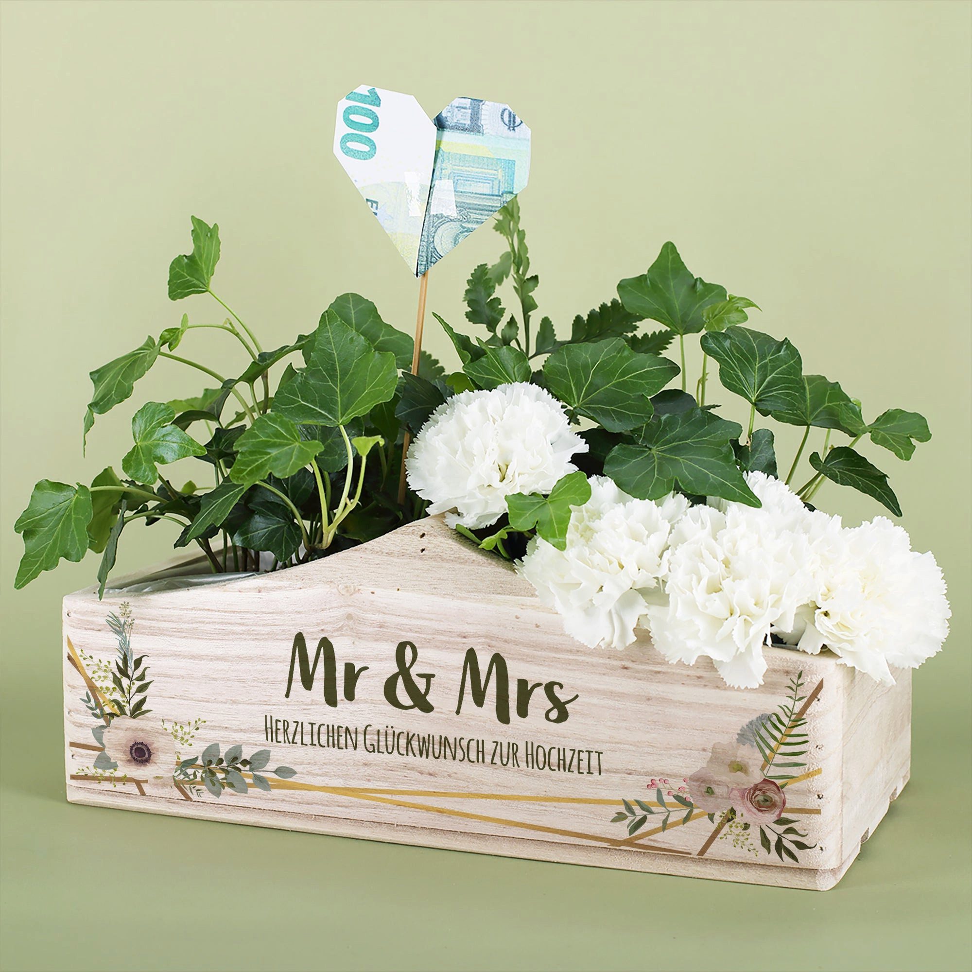 Herz & Heim Geschenkbox Präsentkorb zur Hochzeit - Geschenkverpackung für Hochzeitsgeschenke, aus Holz, mit Griff – Bild 4 von 4