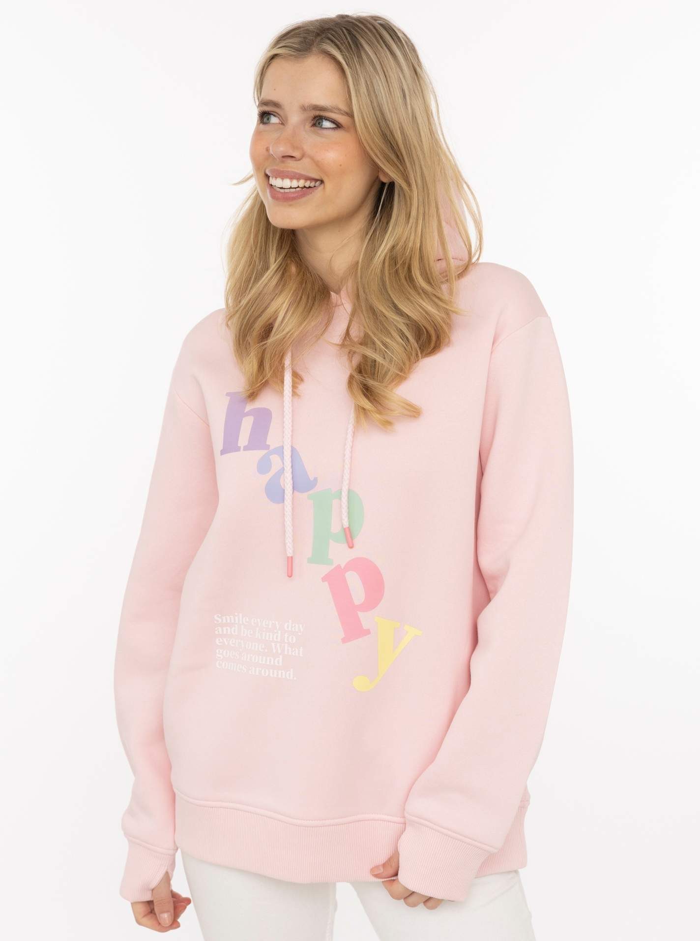 Zwillingsherz Hoodie "happy" großer „Happy“ Print, Kapuze mit Kordel, elastische Bündchen