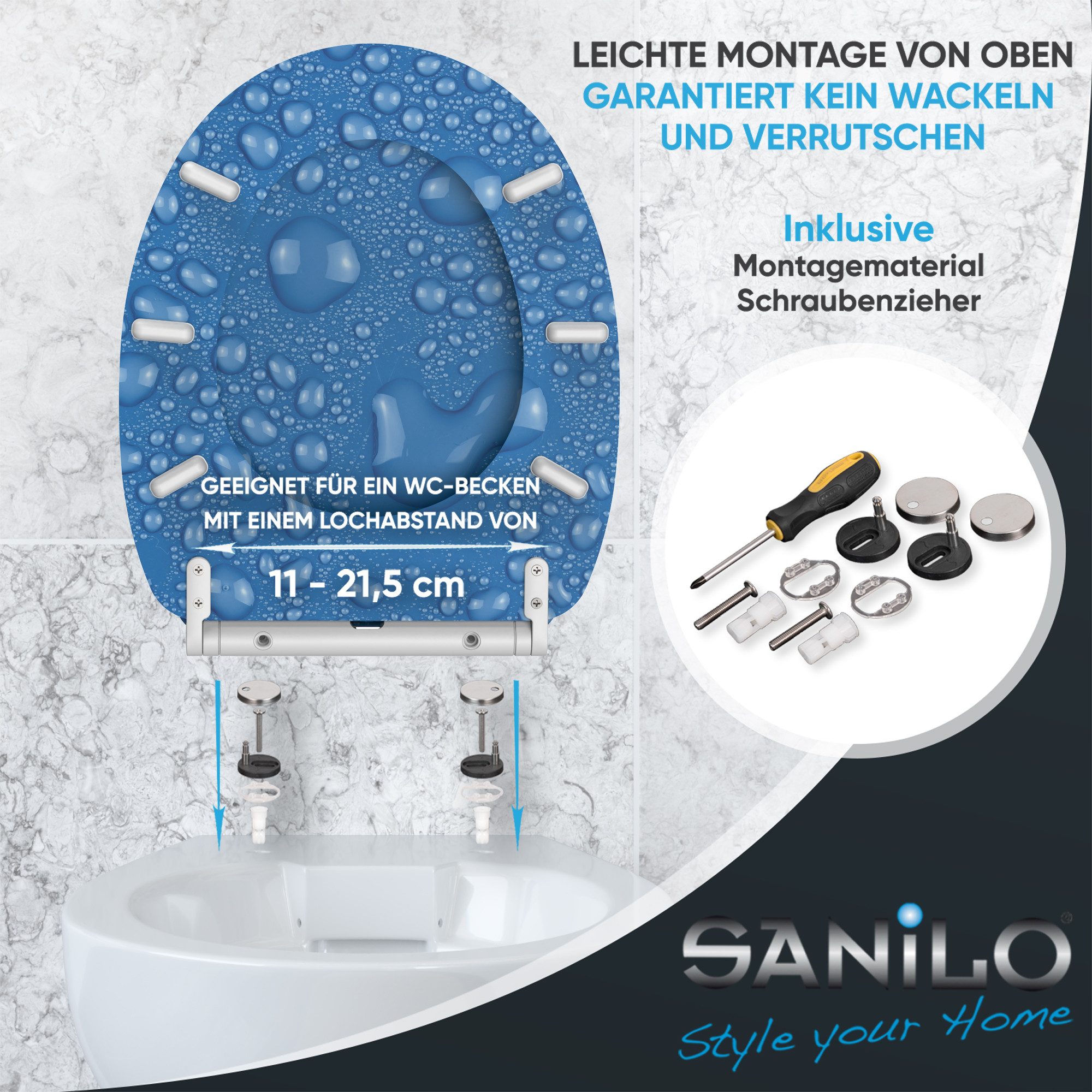 Sanilo WC-Sitz Tautropfen Blau mit Absenkautomatik & Quick Release, hochwertig, abnehmbar, leichte Montage von oben, mit Schraubenzieher – Bild 5 von 5