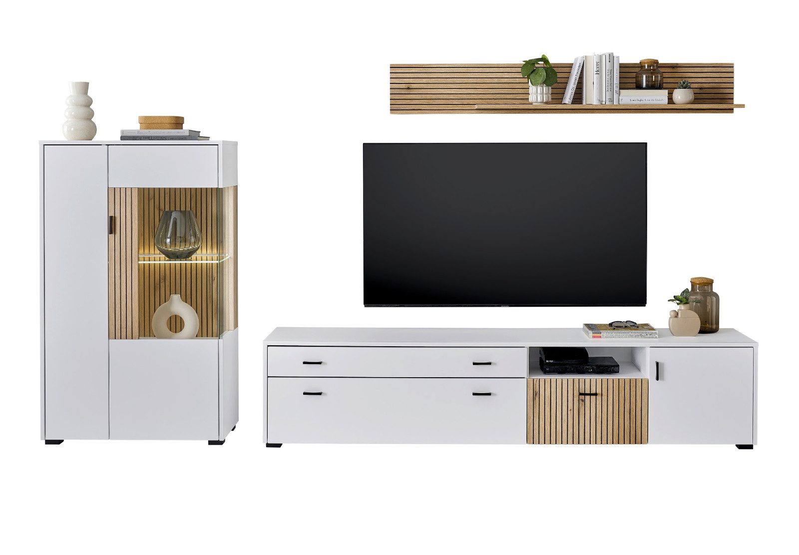 Furn.Design Wohnwand Merced, (Wohnzimmer-Set in weiß mit Eiche, 3-St., B/H/T ca.: 285/~170/42 cm), mit Soft-Close, Staboptik