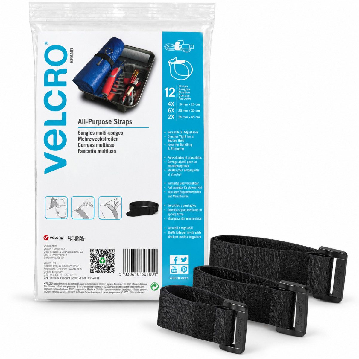 VELCRO Klett-Klebeband VEL-30100-WEU (12-teiliges Klettband-Set in 3 Größen) 12 wiederverwendbare Klettbänder in 3 verschiedenen Größen