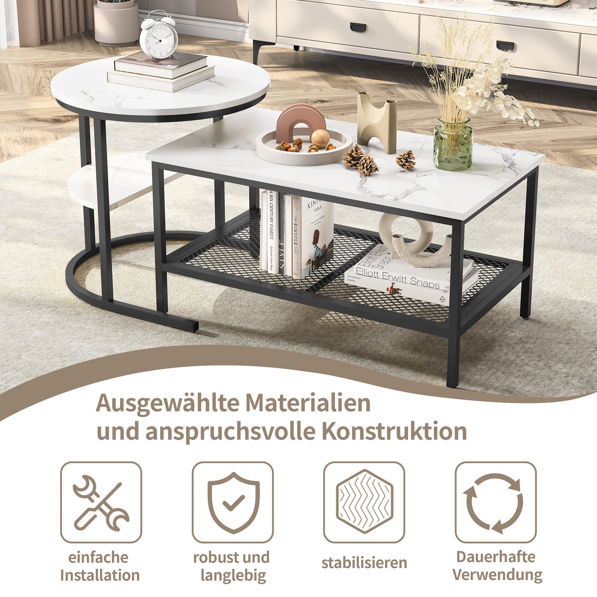 BELUPAI Couchtisch 2in1 Beistelltisch, Runder Tisch mit Marmoroptik (2er Set, 1-St., Satztisch), 80x46x41cm und 52x52x51cm,Weiß-Schwarz