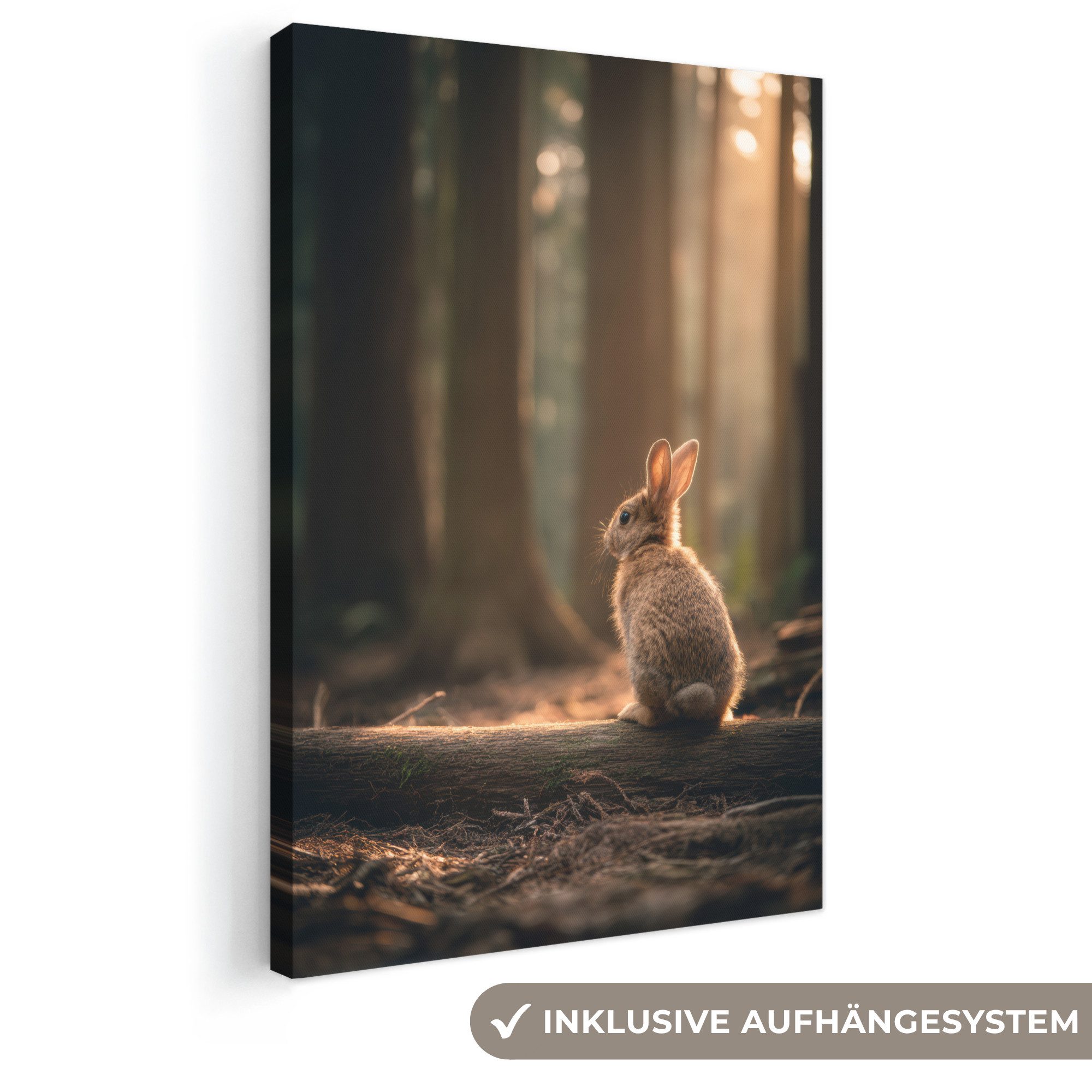 OneMillionCanvasses® Leinwandbild Kaninchen - Wald - Sonnenstrahlen, Fotodruck (1 St), Leinwand Canvas Wandbild, Wanddekoration 20x30 cm