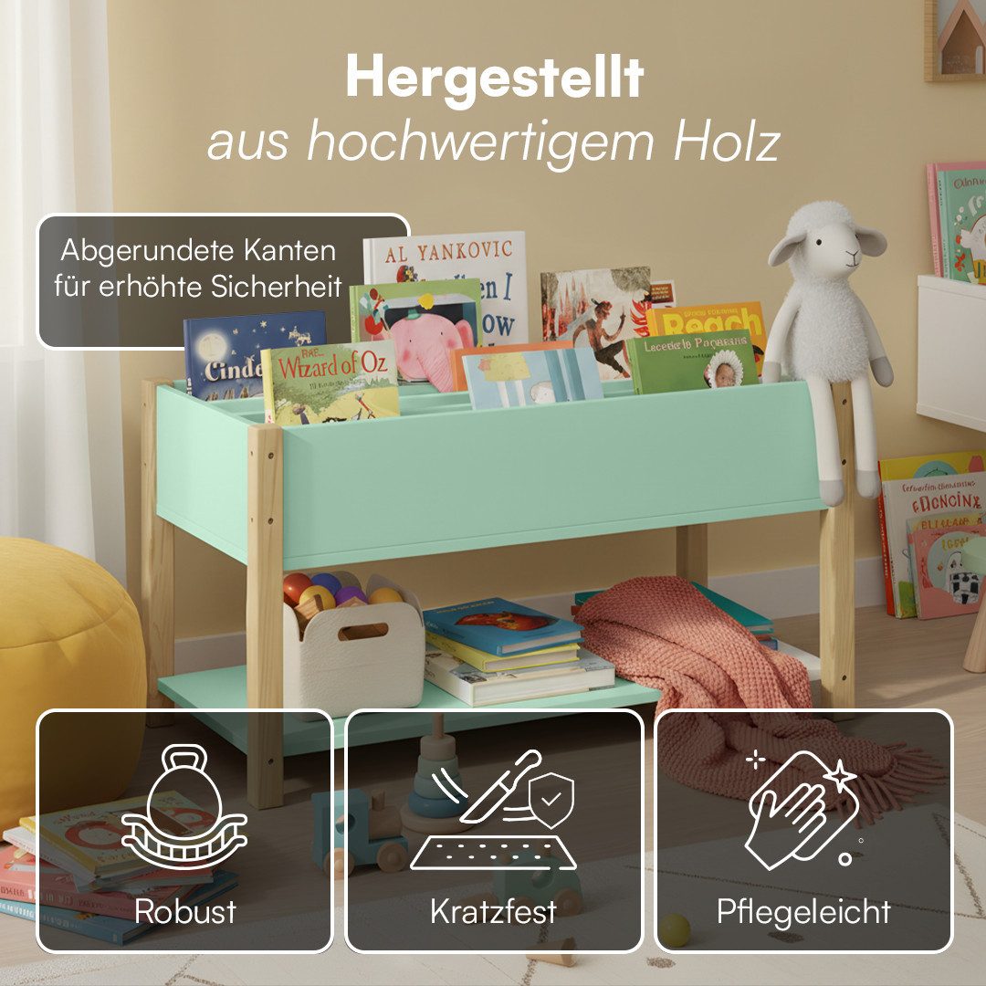 Bellabino Kinderregal Teme mit Fächern und Ablagefach, Bücherregal, Spielzeugregal aus Holz, 4 Fächer für Bücher, 1 Ablagefach für Spielzeug, mintgrün/natur