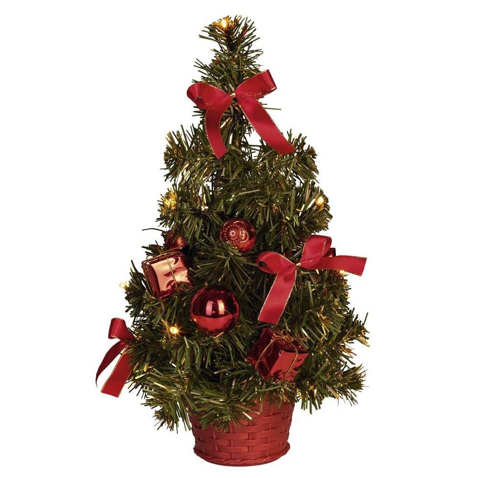 Idena Dekobaum 8582154 Weihnachtsbaum 35 cm, geschmückt, mit LED  Lichterkette, batteriebetrieben, Weihnachtsdekoration, Weihnachten, rot,  Batteriebetrieben, 2x AA (nicht enthalten)