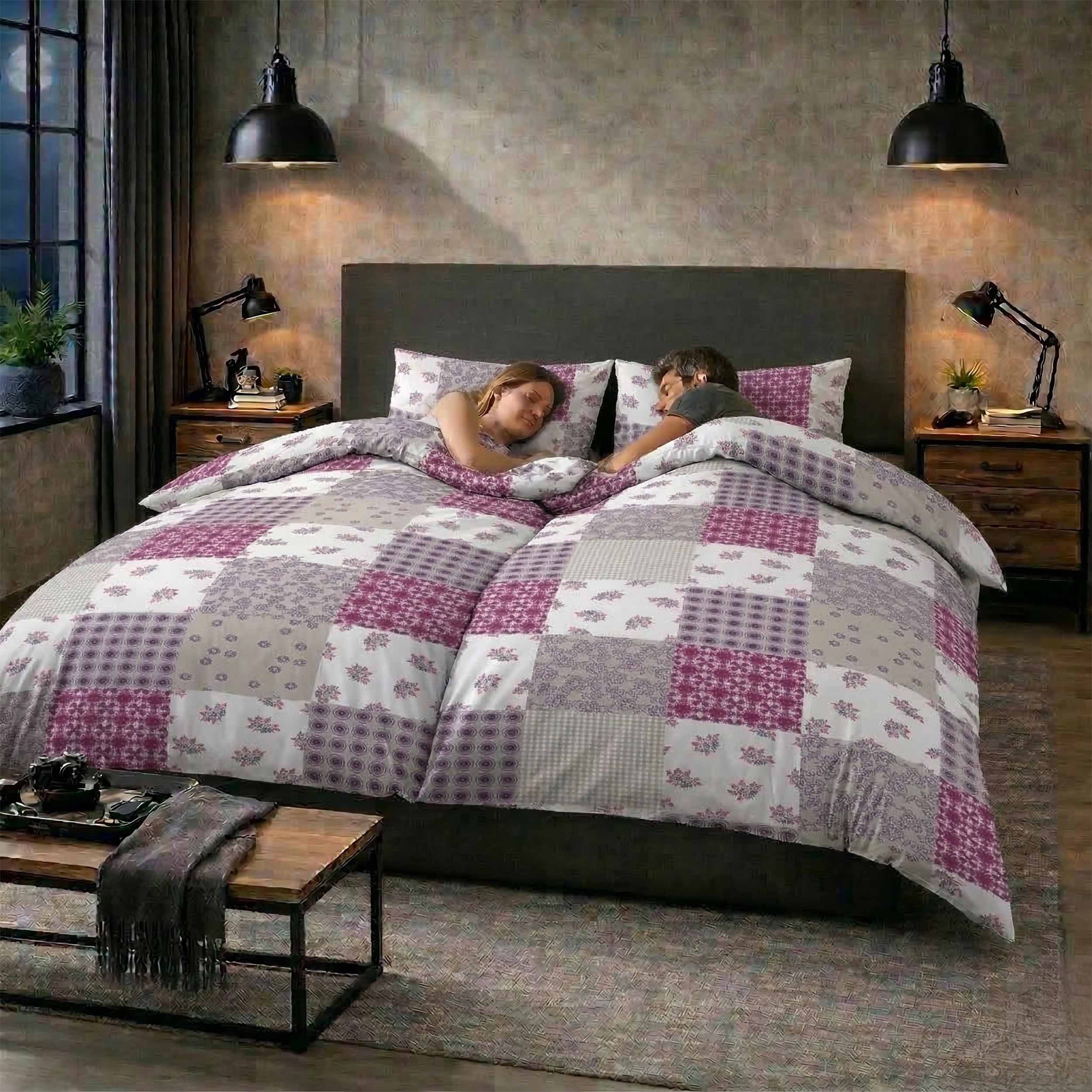 Casa Colori Bettwäsche Renforce Ganzjahres Bettgarnitur 4 tlg. 135x200 cm, Renforce, 4 teilig, Braun Violett kariert