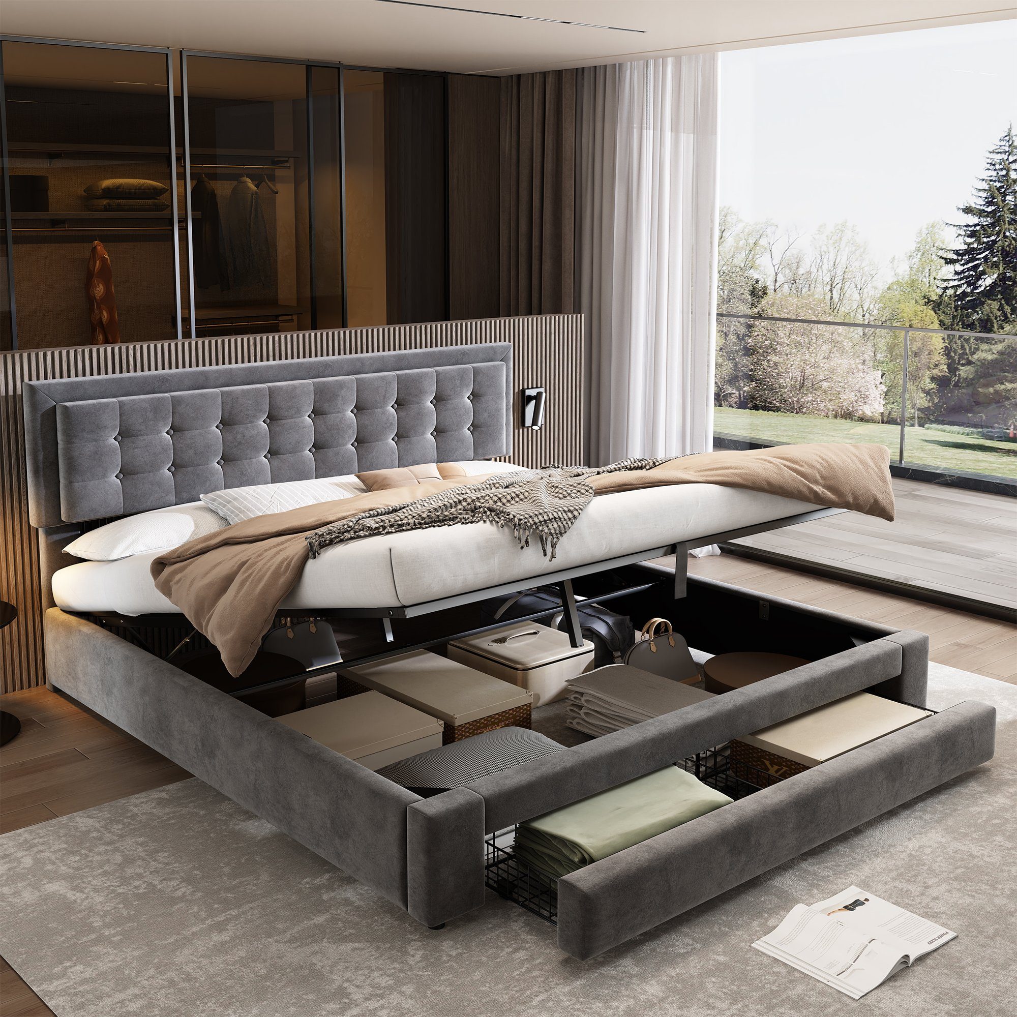 SOFTWEARY Polsterbett Doppelbett mit Lattenrost, Kopfteil Schubladen grau höhenverstellbar, und cm), Bettkasten (180x200 Samt