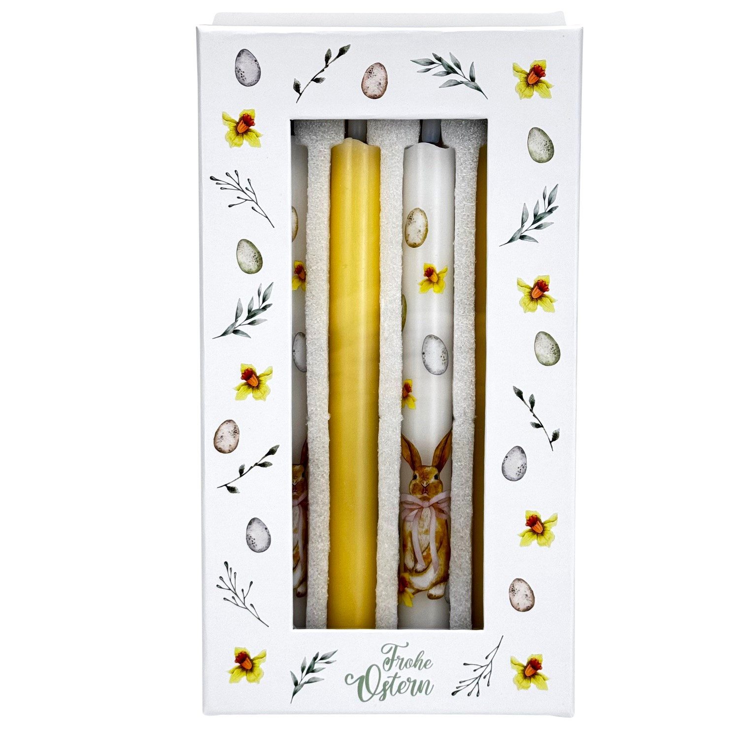 Online-Fuchs LED-Kerze 4 LED Stabkerzen mit Timer im Frühlingsdesign & Osterhasen - Osterdeko (im zarten Gelb oder Flieder Ton, mit realistischer Kerzenflamme), praktische 6-Stunden Timerfunktion