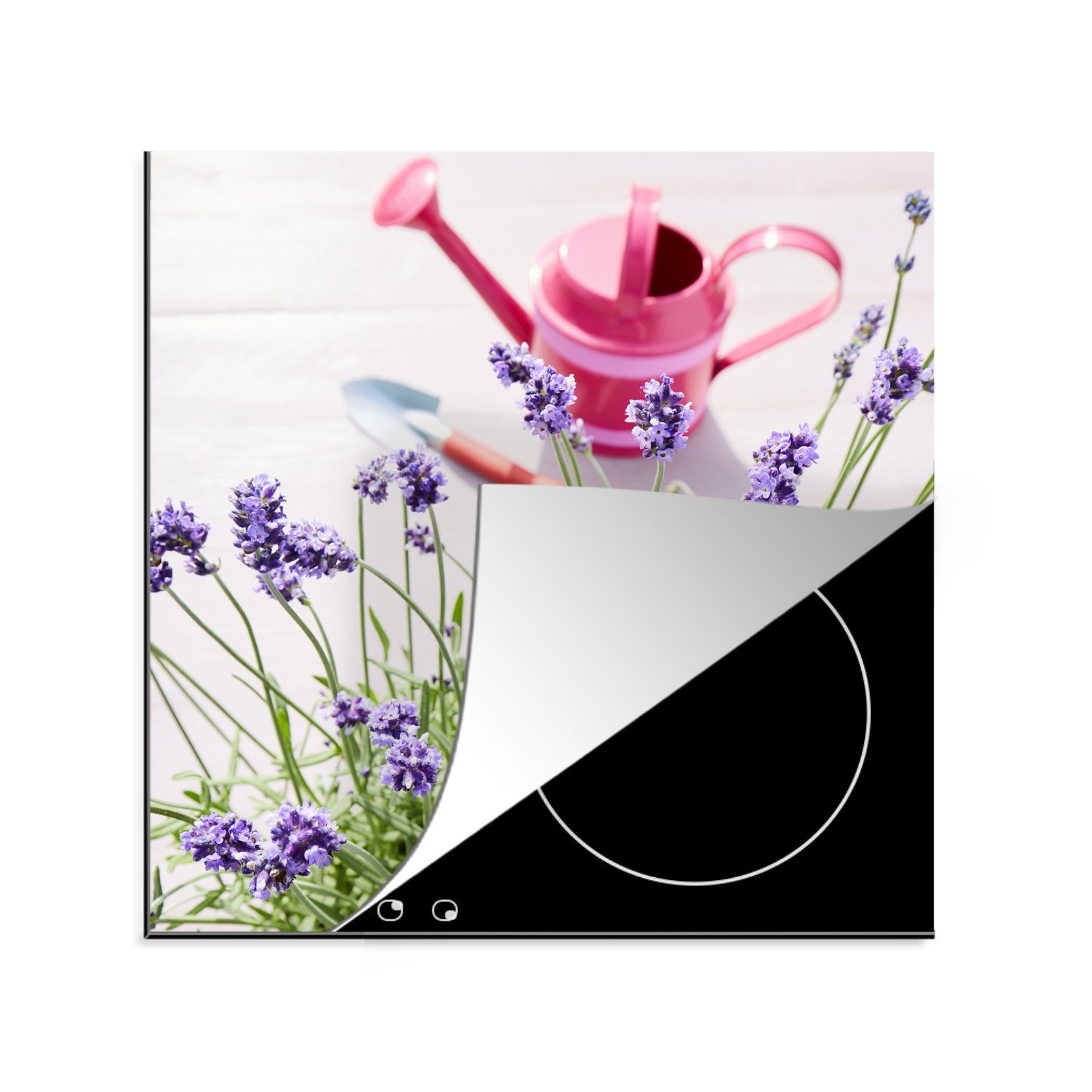 MuchoWow Herdblende-/Abdeckplatte Gießkanne - Blumen - Lavendel, Vinyl, (1 tlg), 78x78 cm, Ceranfeldabdeckung, Arbeitsplatte für küche
