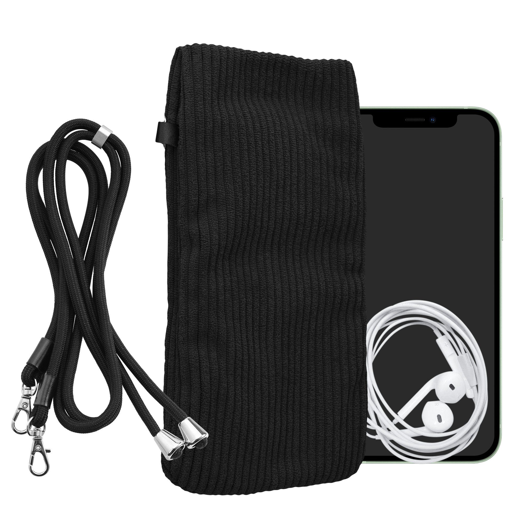 kwmobile Smartphone-Hülle Handytasche für Smartphones XL - 6,7/6,8" Handy Tasche, Cord Handy Hülle Schwarz mit Kordel - Handy Tasche