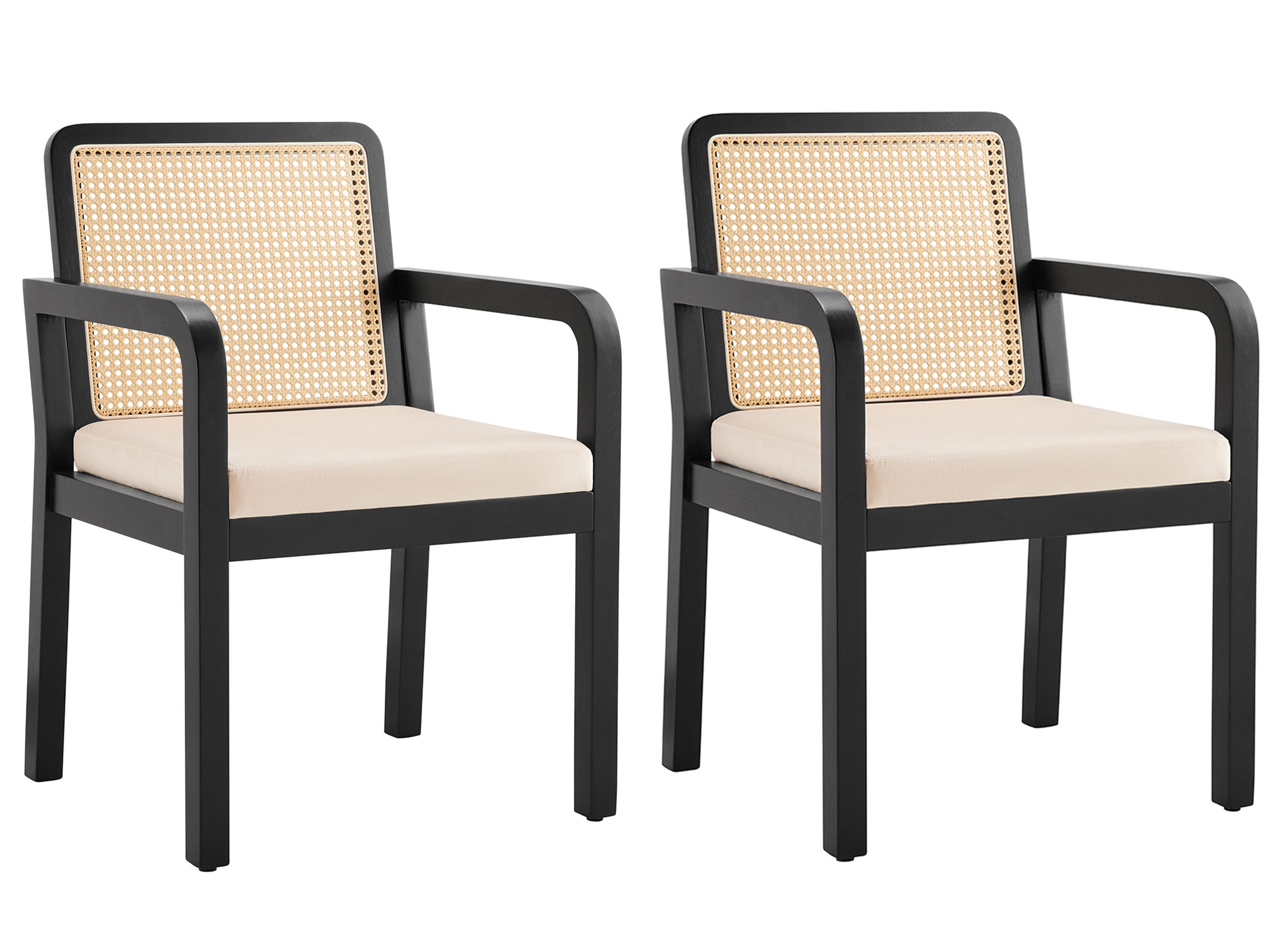 SeedWave Esszimmerstuhl 2er Set Küchenstuhl mit Rattan-Rückenlehne, Samtstoff Gepolstersitz, mit Armlehnen, Gummiholz-Stuhlbeine mit verstellbaren Pads