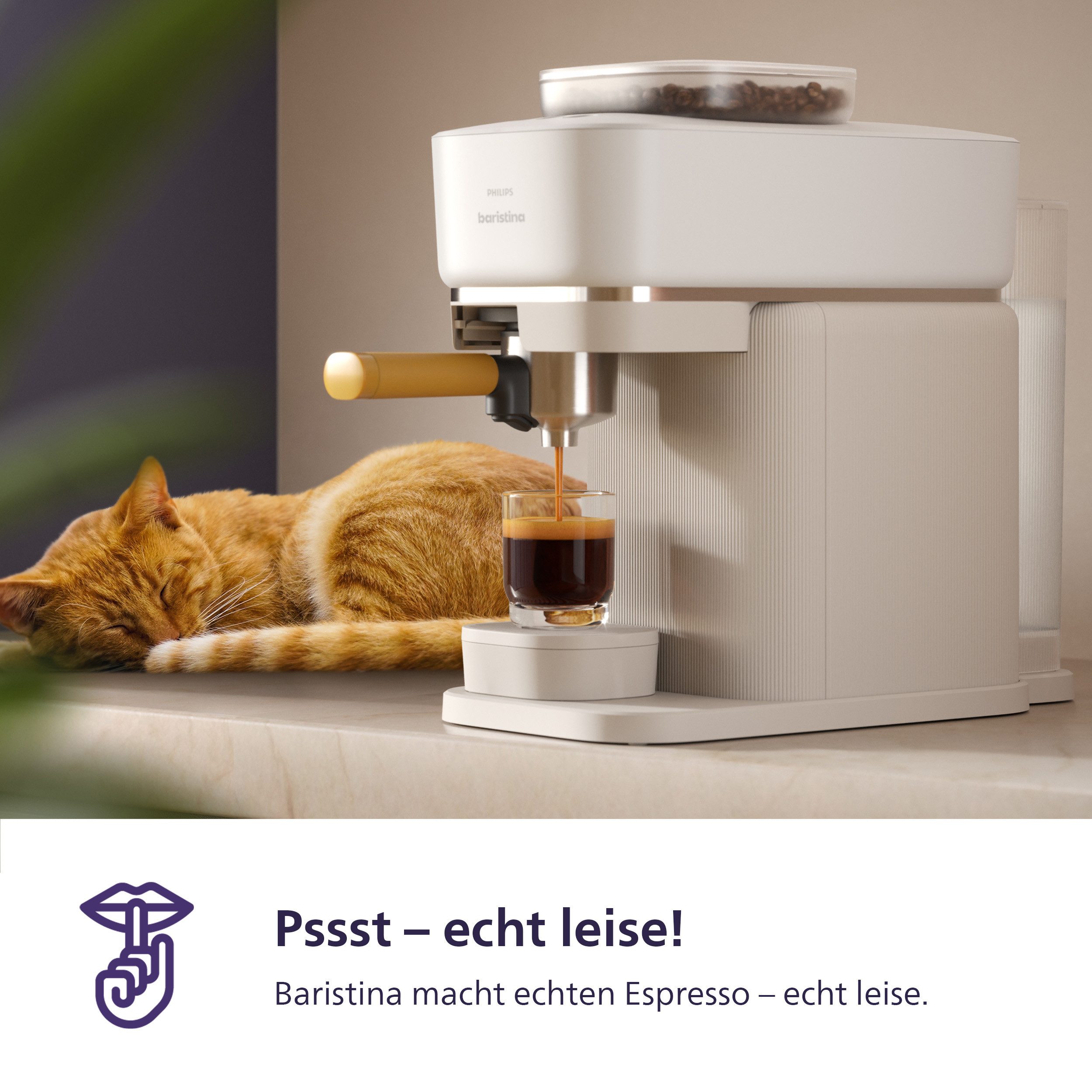 PHILIPS baristina Espressomaschine BAR300/03 mit Mahlwerk für ganze Bohnen, 16 bar Pumpendruck, Naturweiß​/Mangogelb