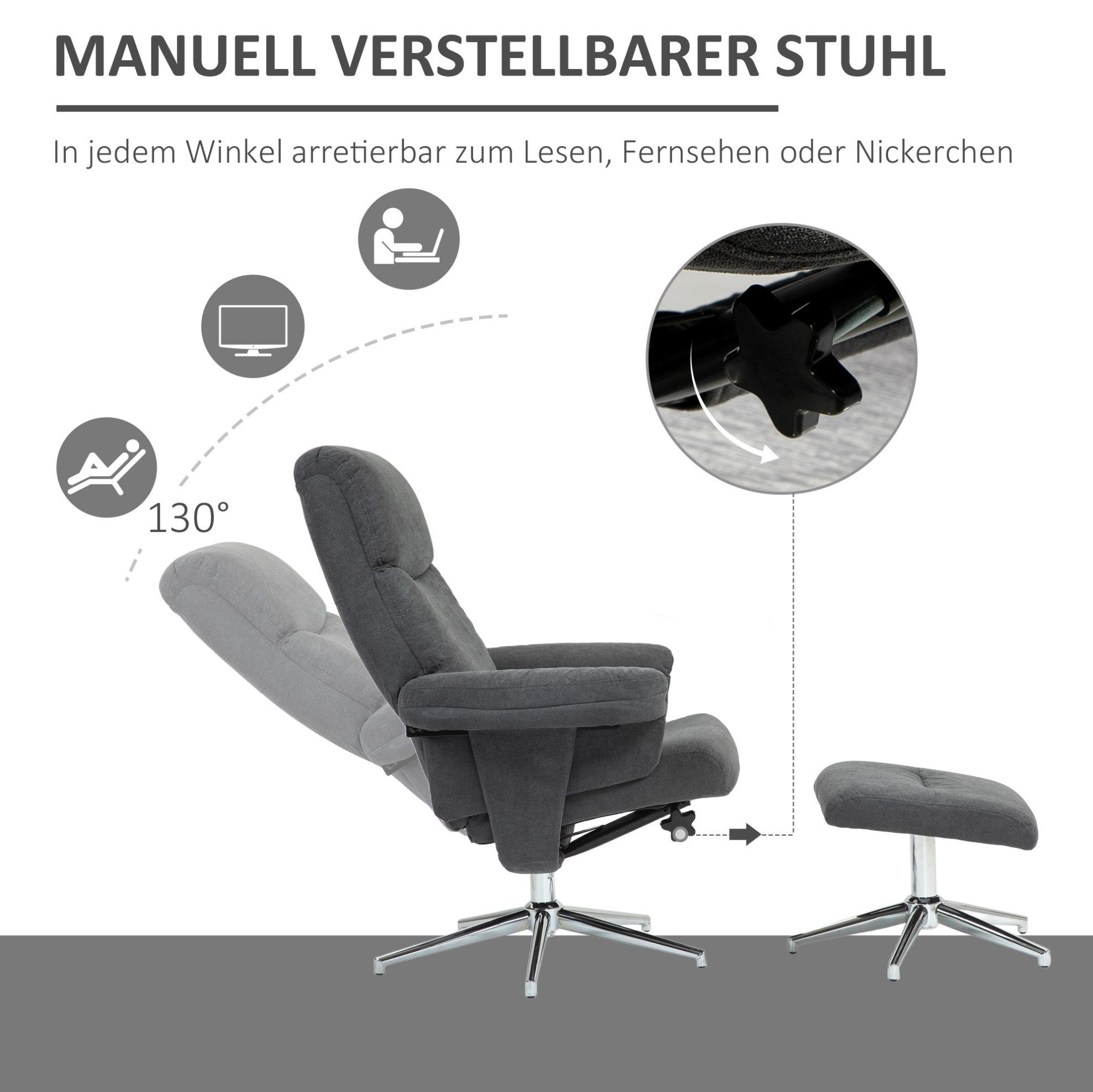 MODFU Relaxsessel Sessel mit Hocker Fernsehsessel gepolstert (2-St., mit Liegefunktion, Liegesessel Samtoptik bis 150 kg), Dunkelgrau für Wohnzimmer Schlafzimmer Komfortsessel