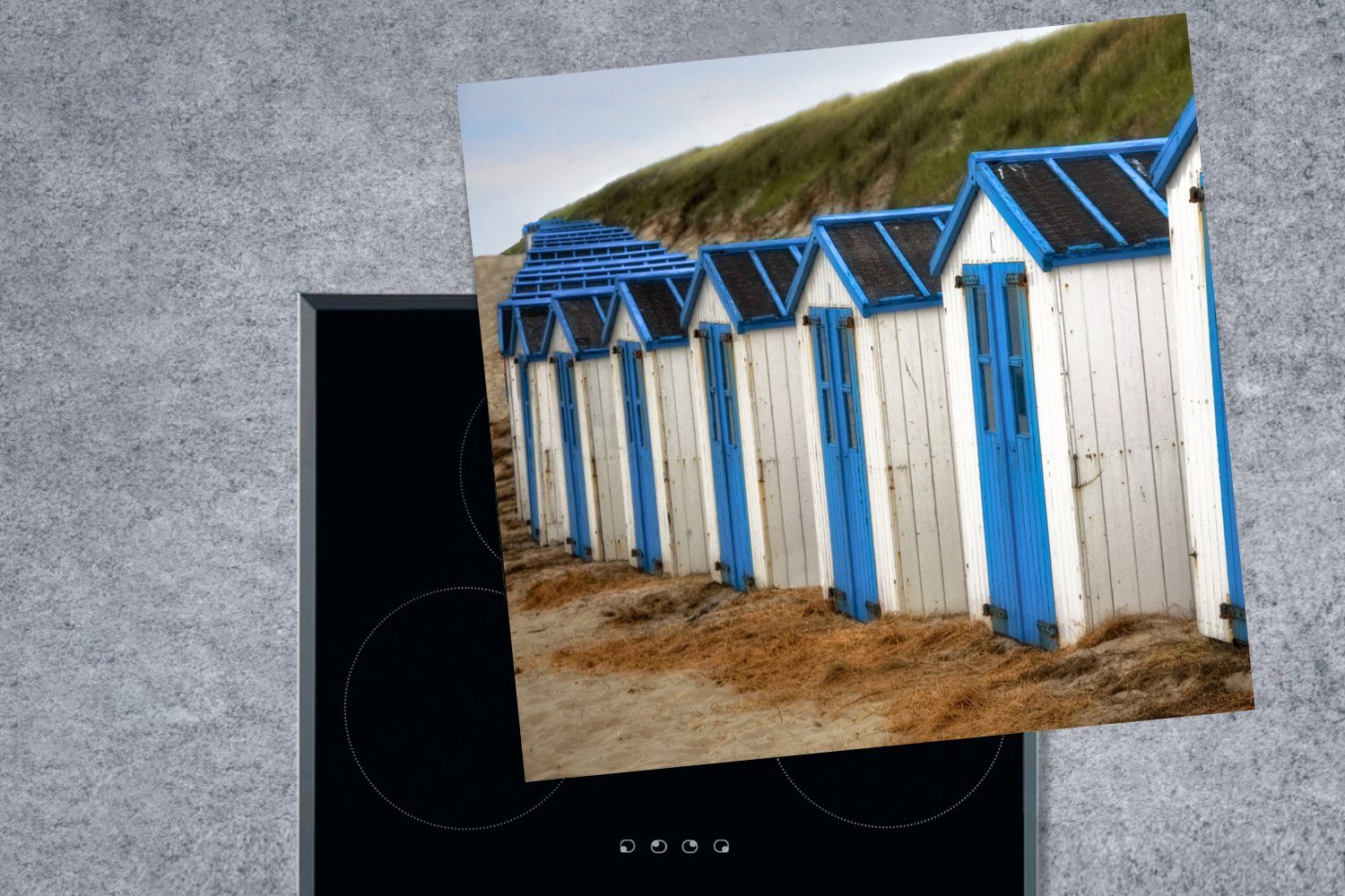 weiße (1 cm, küche und 78x78 Arbeitsplatte tlg), für Herdblende-/Abdeckplatte MuchoWow Vinyl, Blaue Strandhütten, Ceranfeldabdeckung,
