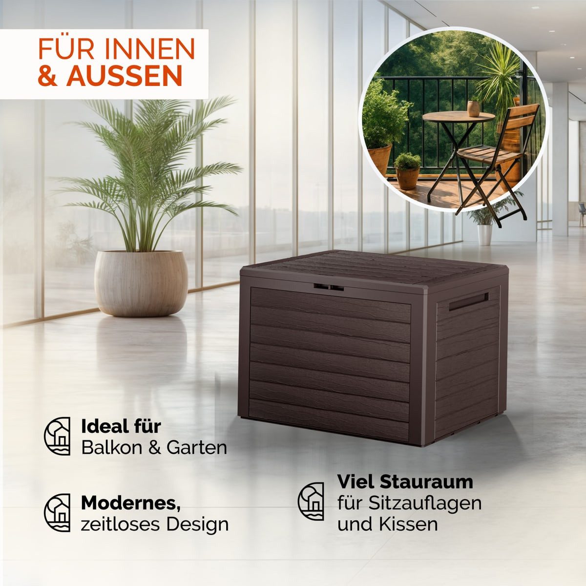 Casaria Auflagenbox Lille - braun (1 St), 190L UV-beständig Griffmulden Verschließbar Balkon Holz-Optik Braun – Bild 4 von 5