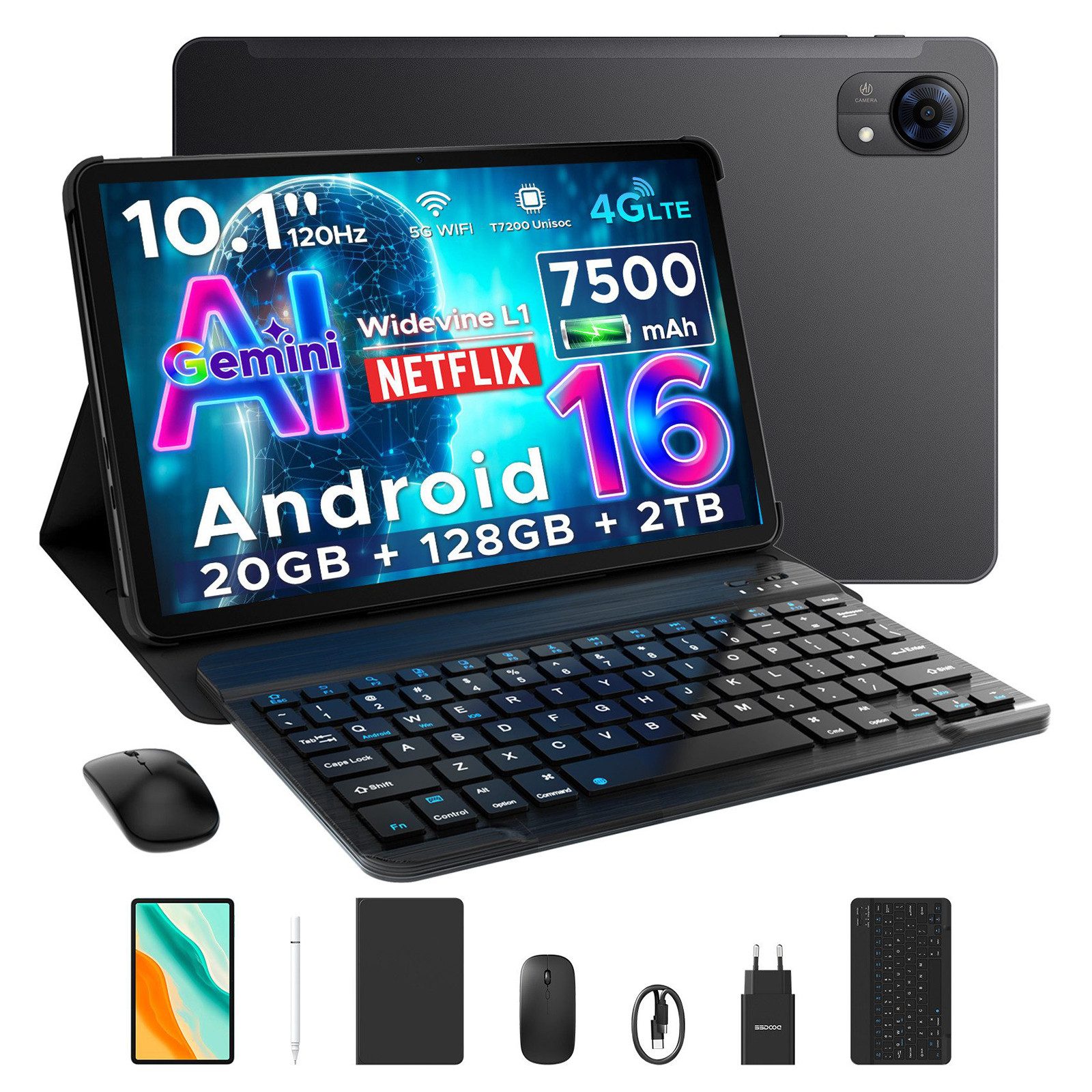 DOOGEE TabG5 10'' Tablet mit Tastatur, Android 16, 120Hz, 7500 mAh, ultradünn Tablet (10", 3 GB, Android 16, 8 MP, T7200 Octa-Core, Gemini AI, 4G LTE/5G WIFI, Widevine L1/Face ID)
