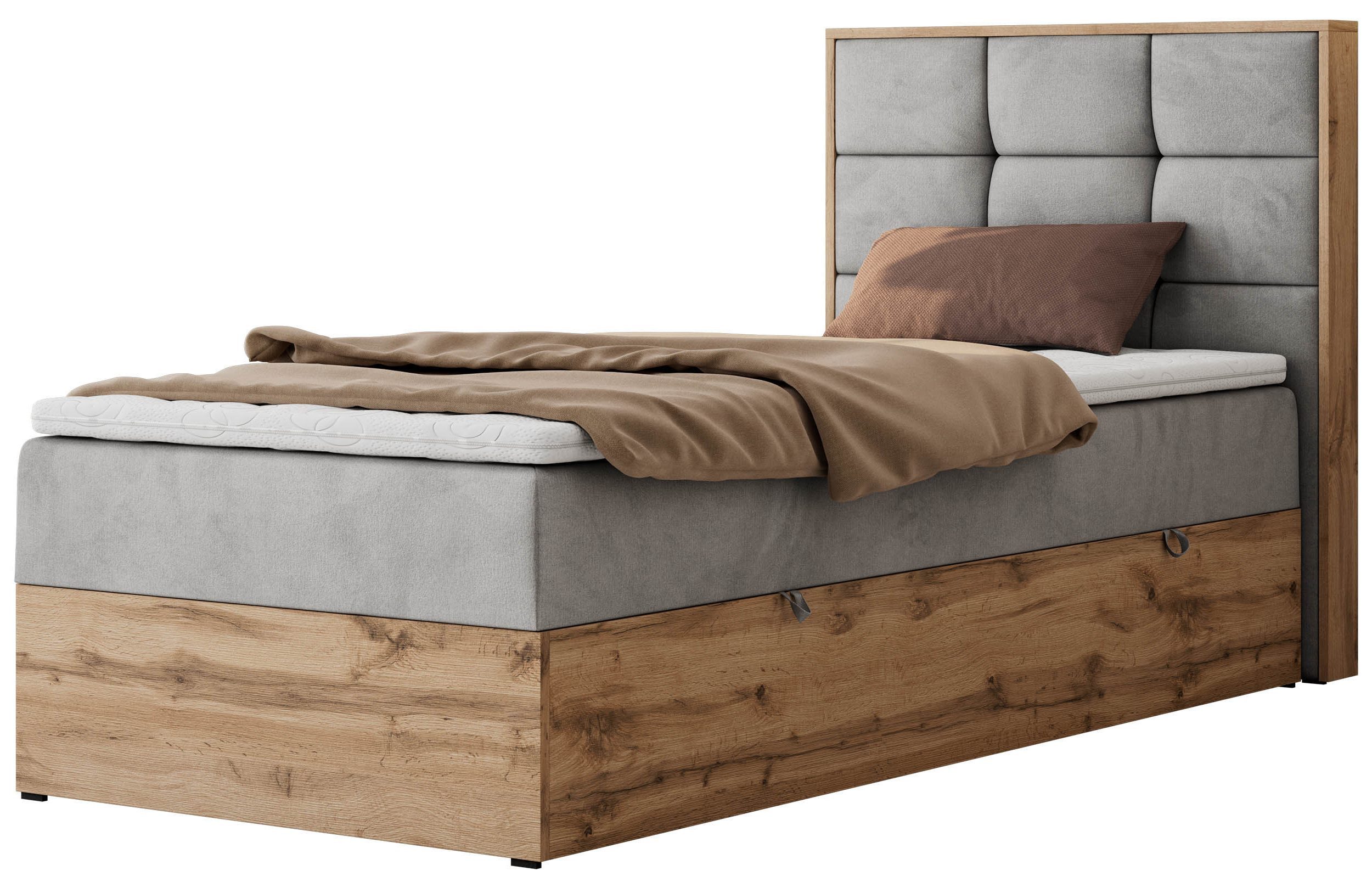 MKS MÖBEL Boxspringbett ALBERO 1 90x200 cm (Set, Packung, Topper T25/Visco, Stauraum, Matratzen, Bettkasten, T30-Schaum), Einzelbett, Multipocket-Matratzen, Möbelplatten, Praktisch