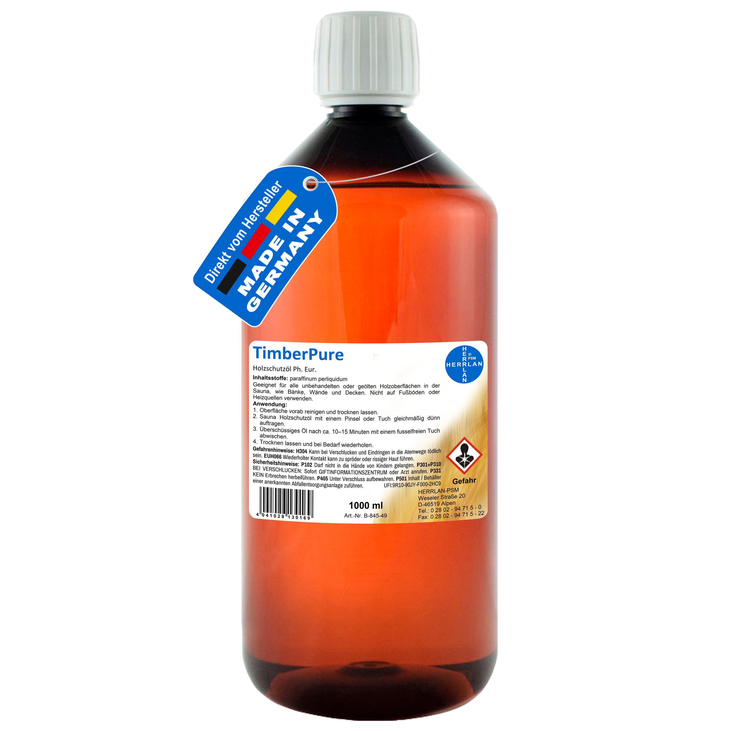 HERRLAN Holzöl TimberPure für Saunaholz, (Ph. Eur), farblos, geruchslos, dünnflüssig