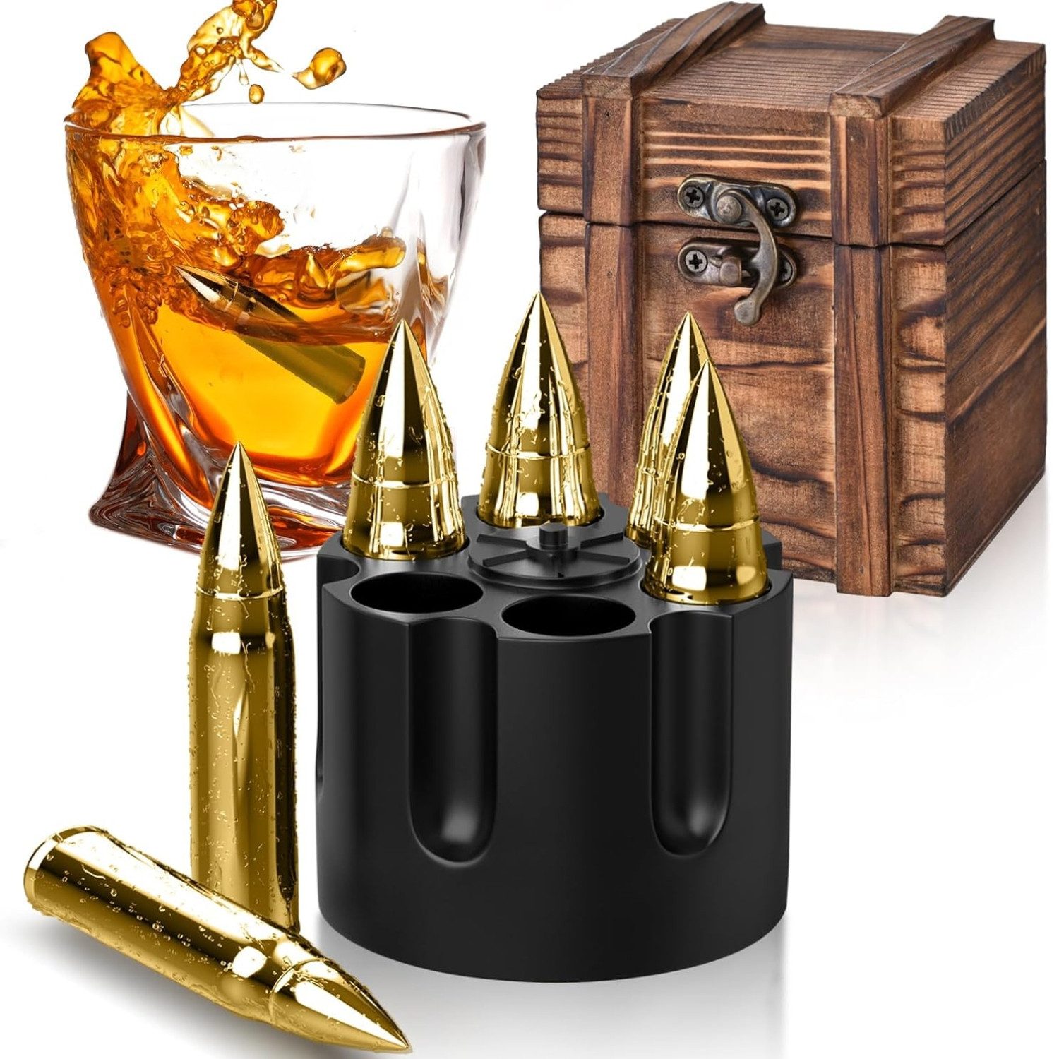 Cocktail-Set Whiskey Steine Geschenkset für Männer Goldene Patronen und Whiskeyglas