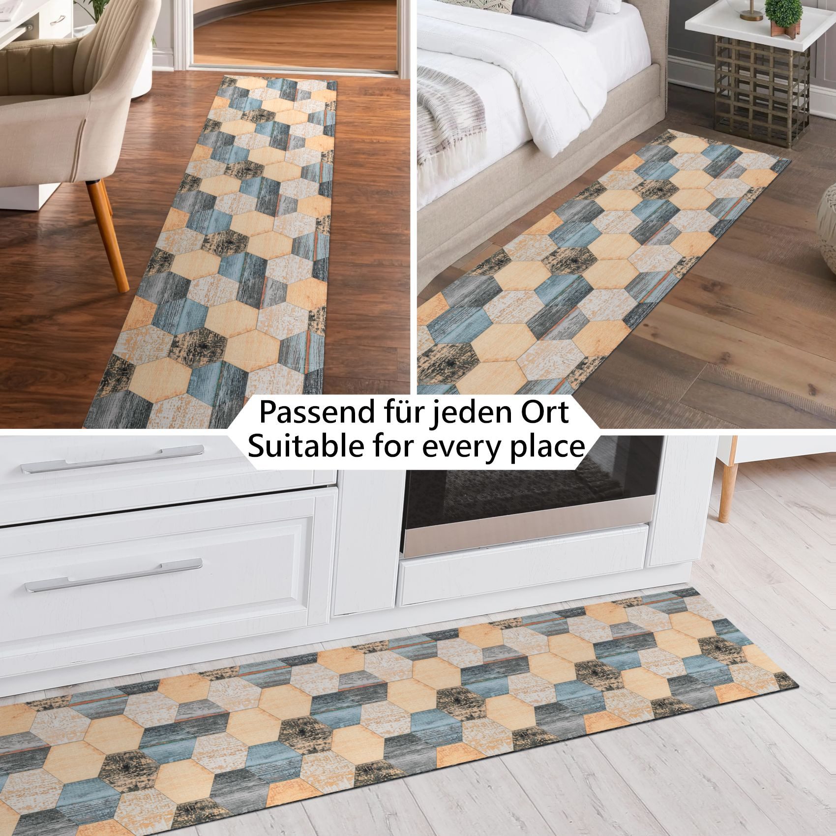 ANRO Küchenläufer RANNA Hochwertig Küchenteppich Teppich Textil, Eckig, Bodenläufer 100x65cm Holz Patchwork Beige pflegeleicht