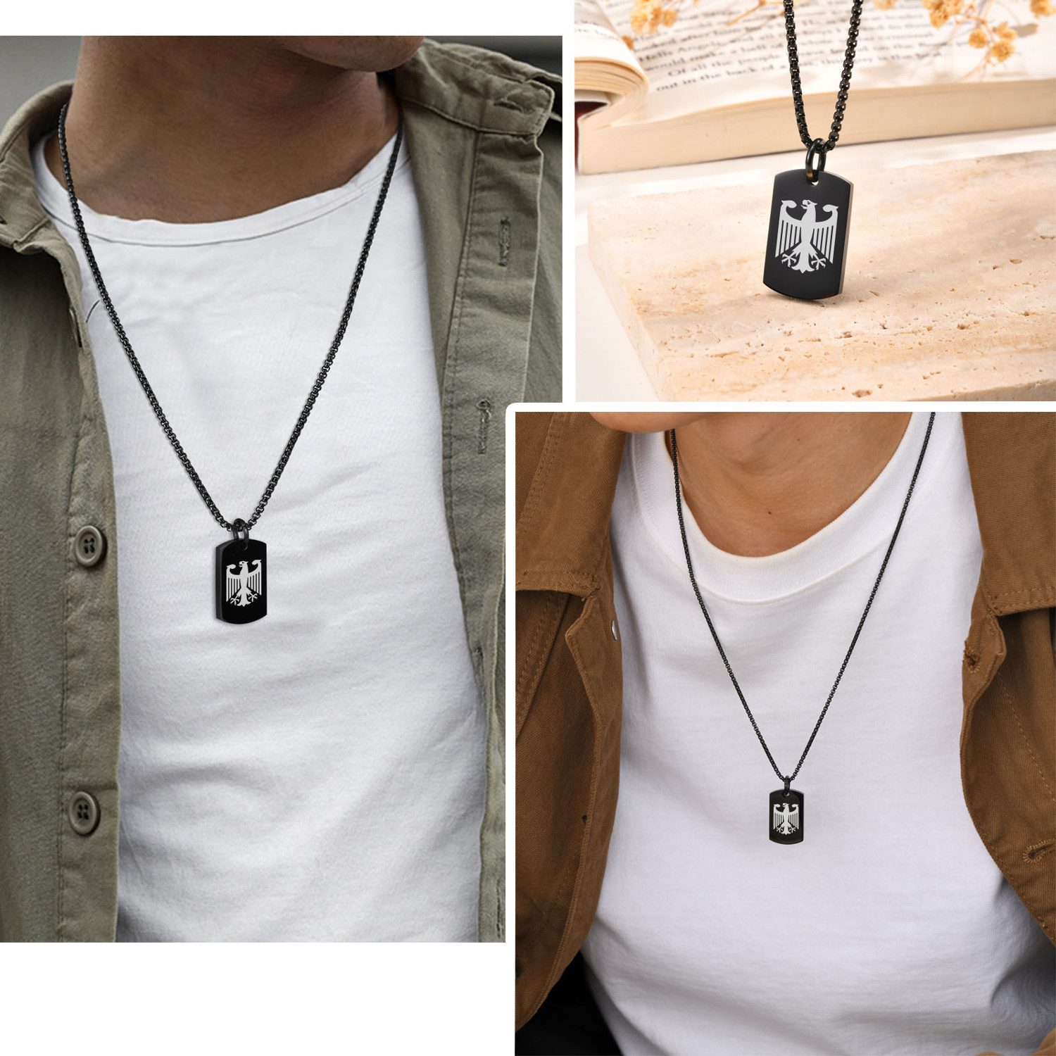 KARMA Kette mit Anhänger Halskette Adler Schwarz, Silber oder Gold Herren (Männer Herrenhalskette modern), Edelstahl 60 cm Kette Herrenschmuck – Bild 2 von 5