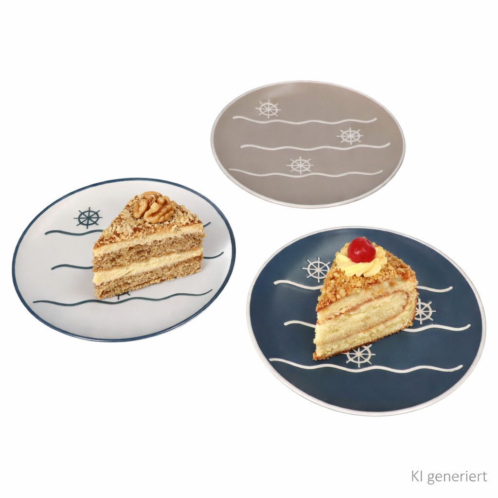 MamboCat Frühstücksteller 6er Set Dessertteller Steuerrad Keramik weiß blau beige Kuchen