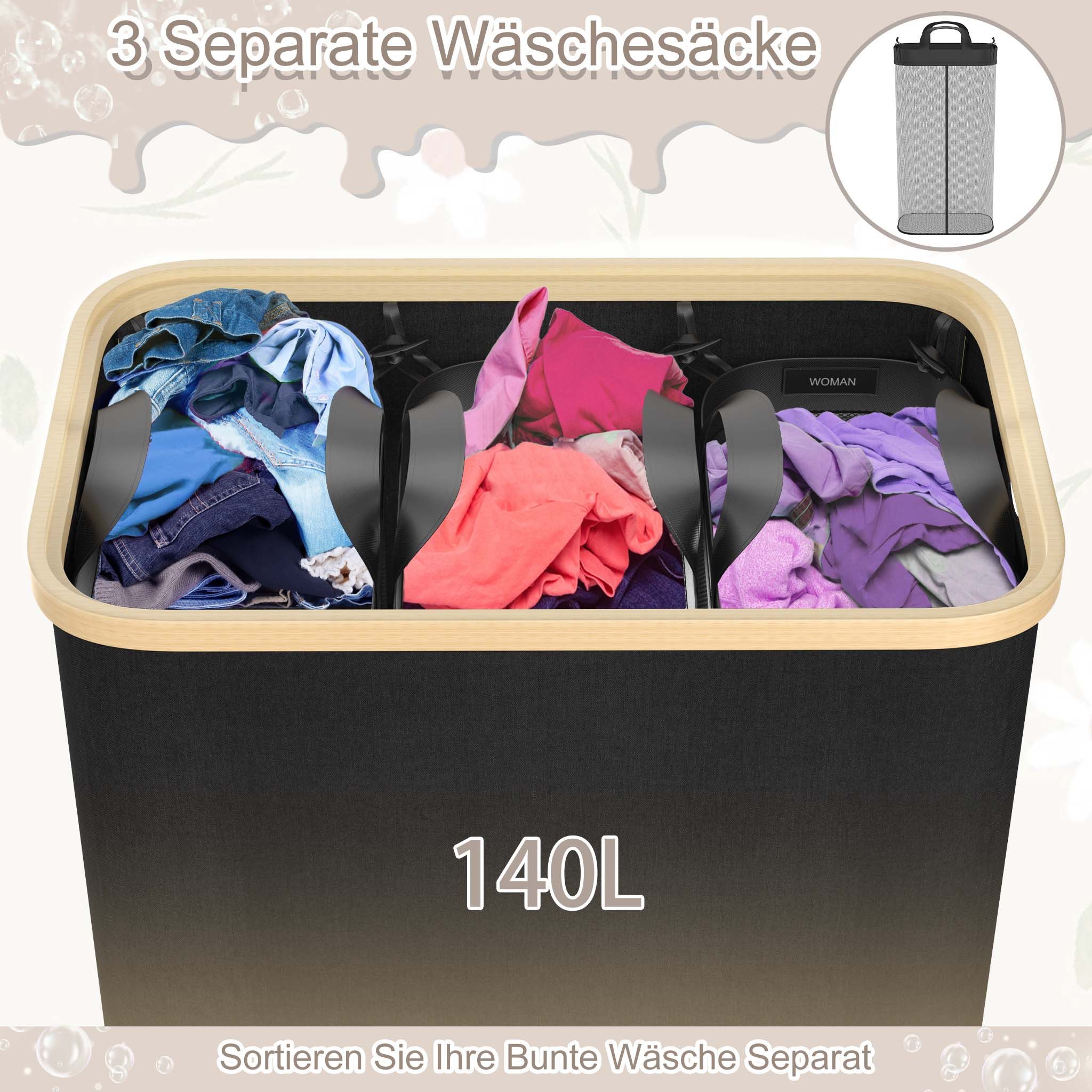 FIVMEN Wäschekorb 140L mit Deckel zur einfachen Trennung, Faltbar Wäschesammler 3 Fächer (Set, Wäschesortierer Wäschesack Wäscheboxen) – Bild 4 von 5