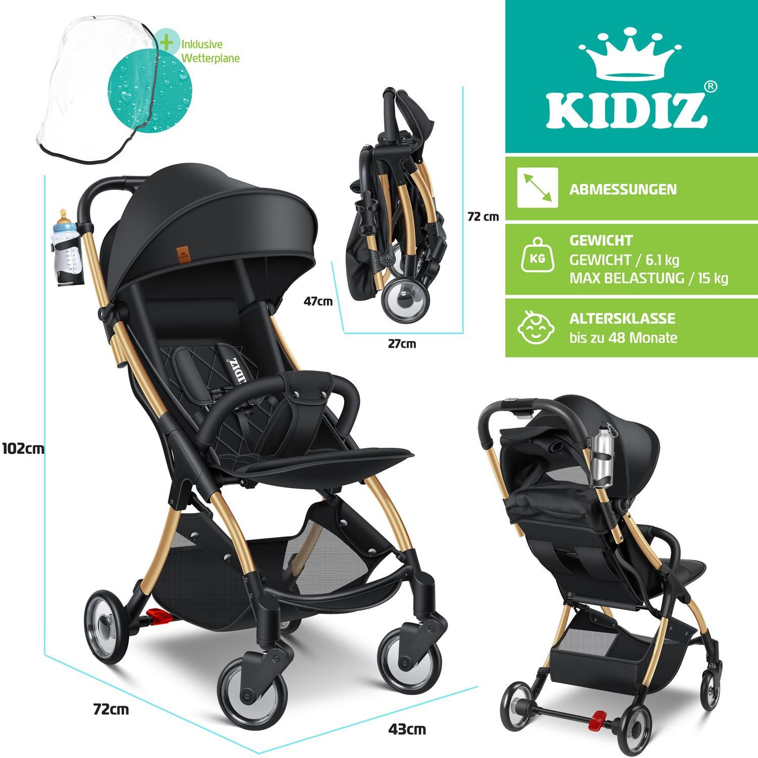 KIDIZ Kombi-Kinderwagen Sportwagen Faltbar, Buggy mit verstellbaren Rückenlehnen & 360° Räder, (Kinderbuggy Inkl. Getränkehalter, Regenabdeckung & Sonnenverdeck), Liegebuggy mit 5-Punkt Gurt & Abnehmbare Stoßstange