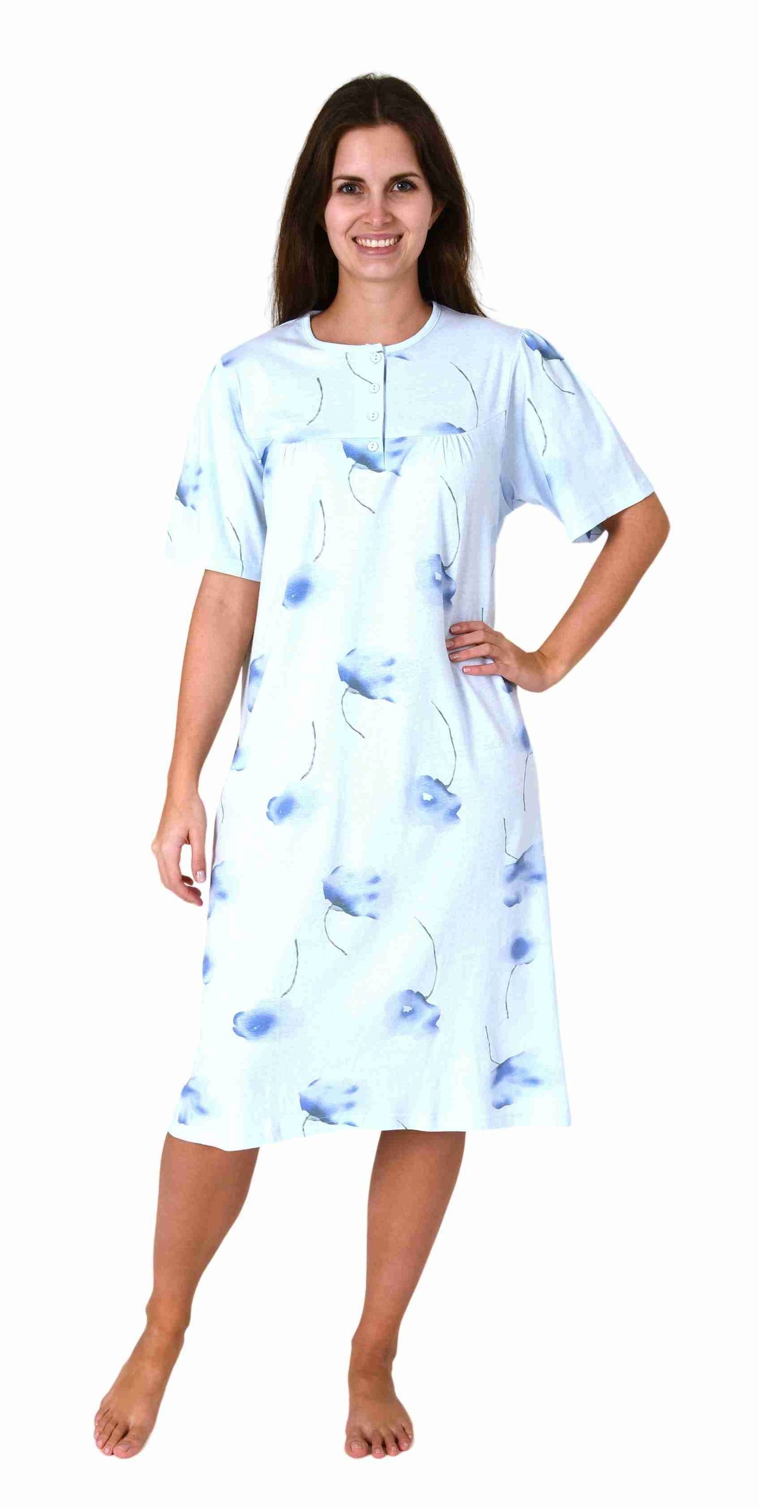 Normann Nachthemd Elegantes frauliches Damen kurzarm Nachthemd mit Knopfleiste am Hals hellblau