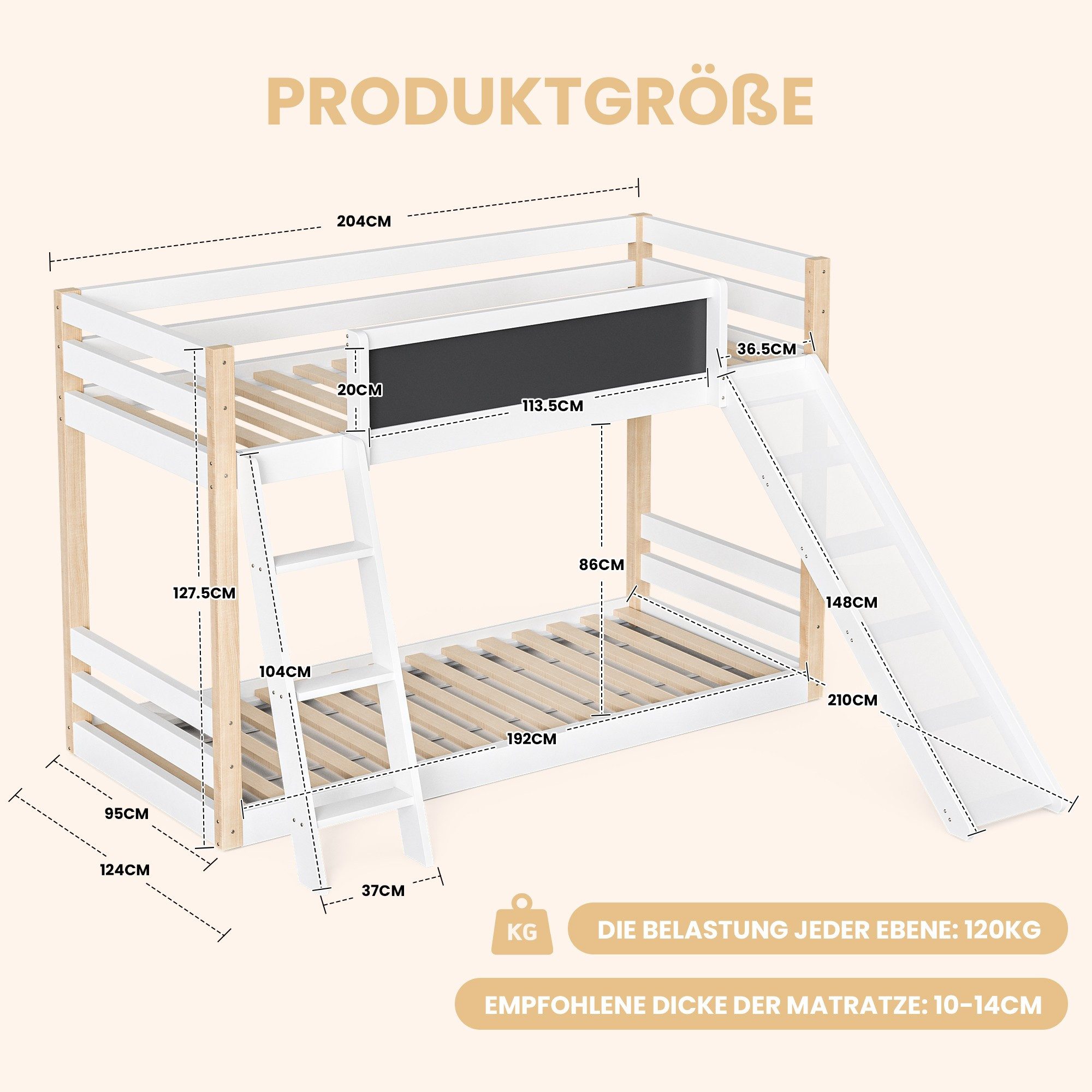 LVHOM Hochbett Massivholz 2 Betten - 90x200cm Komplettbett (Kinderbett Set mit Treppe, Rutschen und Geländer/Zaun, Liegefläche: 2 mal 90x200cm, 2-stöckiges Etagenbett, 2 Bettseiten) Kinderzimmer/Jugendzimmer /Schlafzimmer/Gästezimmer