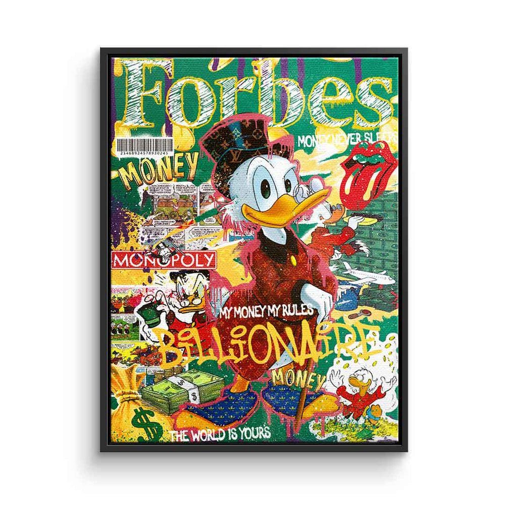 DOTCOMCANVAS® Leinwandbild, Leinwandbild Forbes Dagobert Duck Comic Pop Art collage DOTCOMCANVAS schwarzer Rahmen