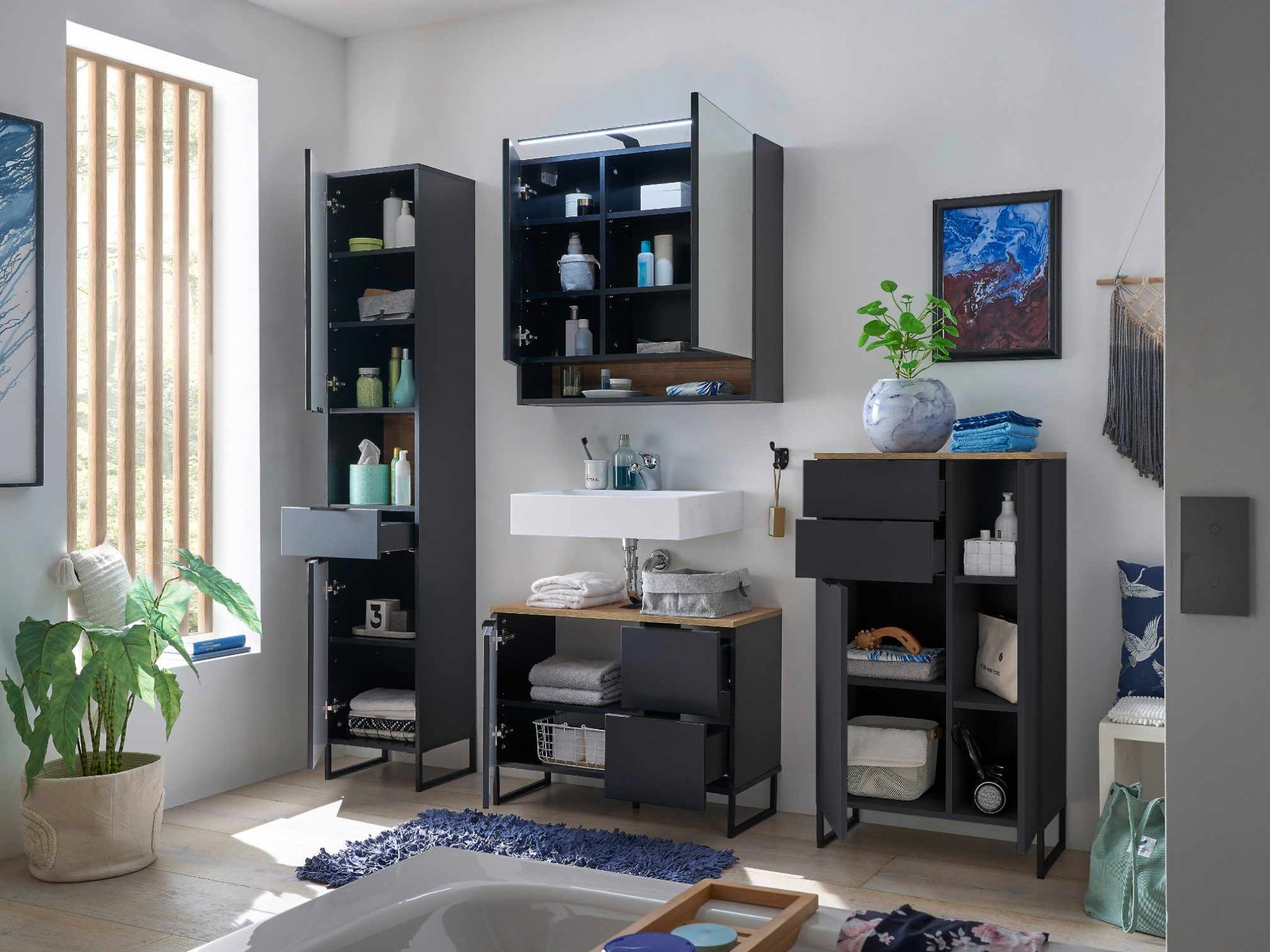 moebel-dich-auf Badmöbel-Set Aspen 80, (Set 1, Komplett-Set, 4-St., Hochschrank, Spiegelschrank, Wbu, Highboard), Softclose