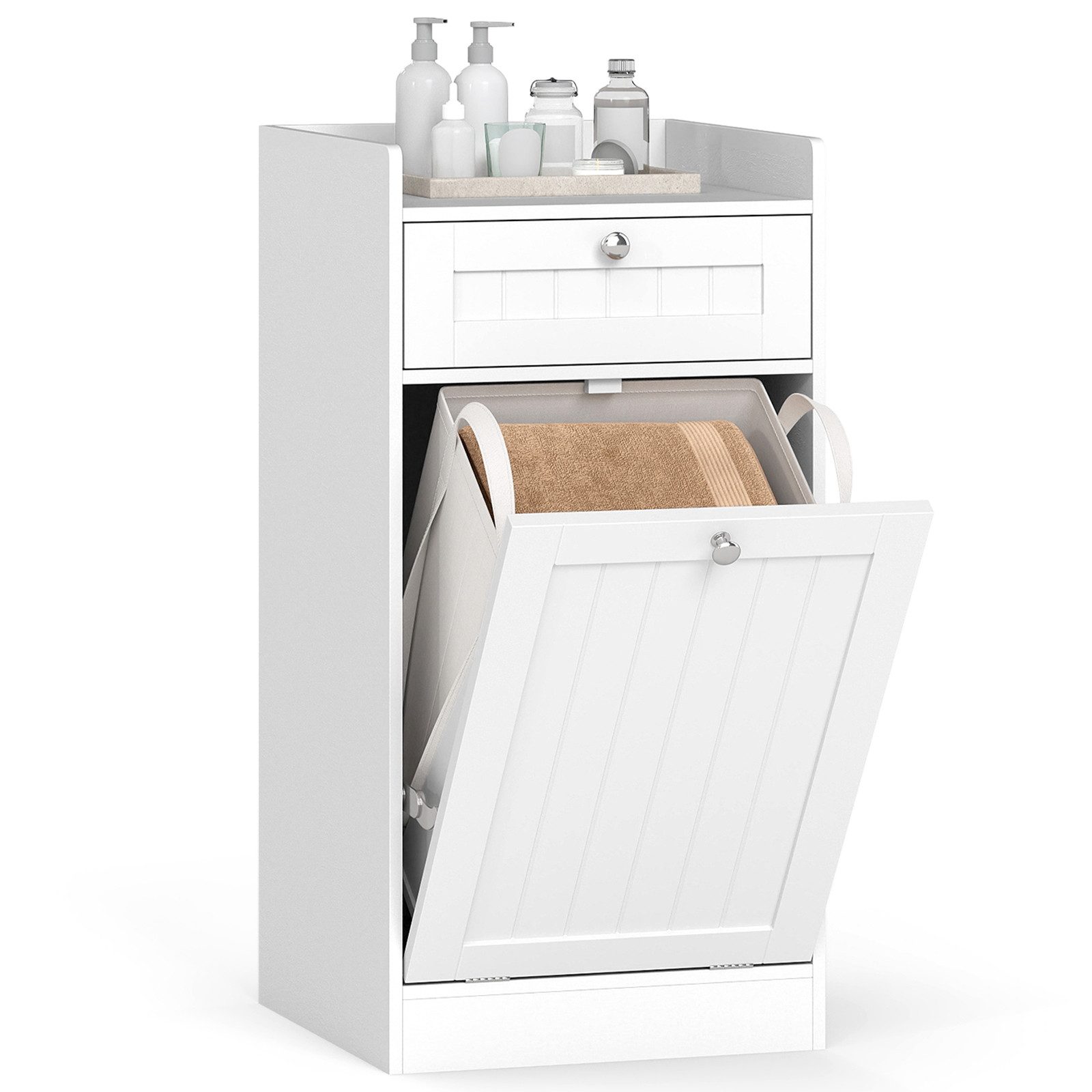 COSTWAY Wäscheschrank Kippbar Badezimmerschrank mit Schublade & Wäschesack, weiß