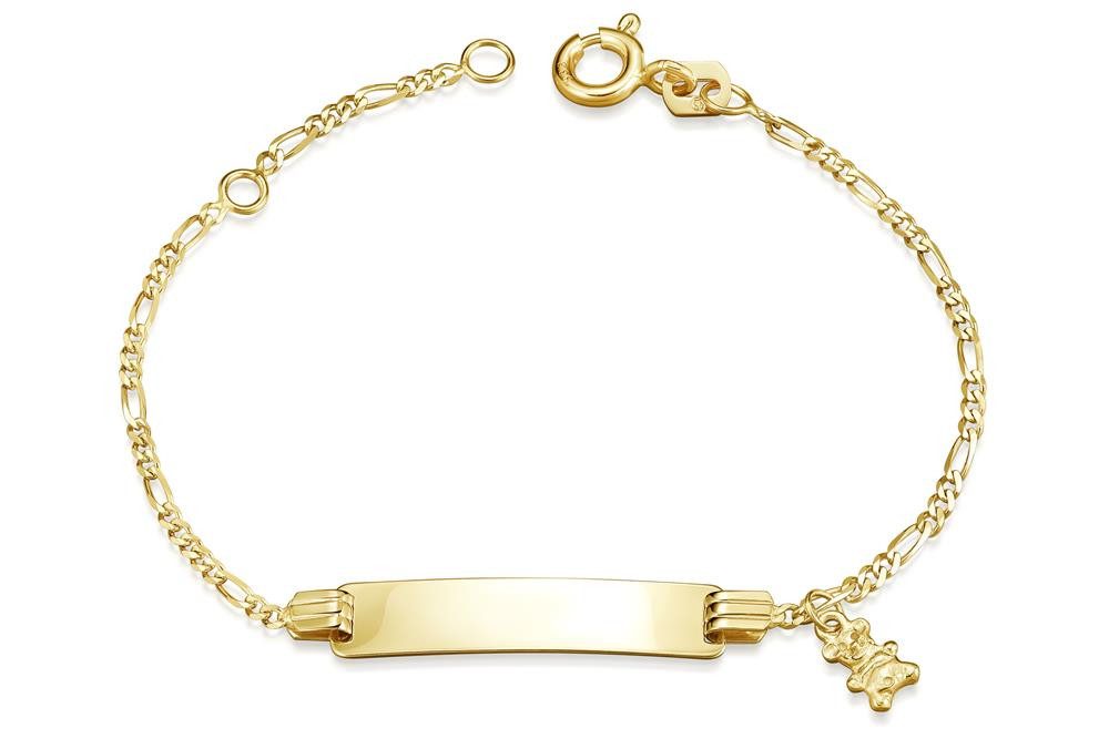 Silberkettenstore Goldarmband Kinder-Gravurarmband Figaro 1,5mm mit Bär - 333 Gold, Länge wählbar