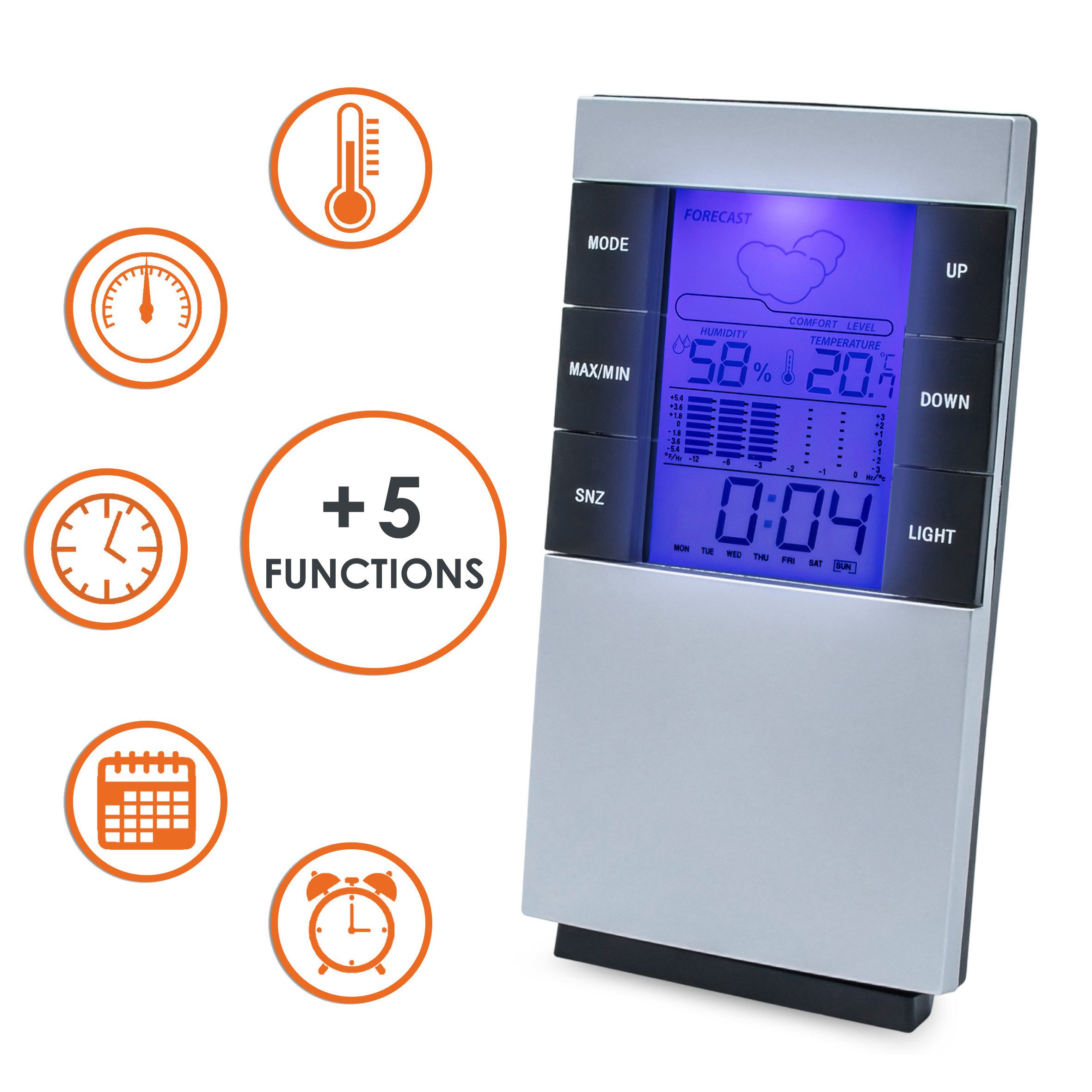 Spetebo 5in1 Raumklima Messgerät in silber Wetterstation (Digital, Hygrometer zum Hängen oder Aufstellen)