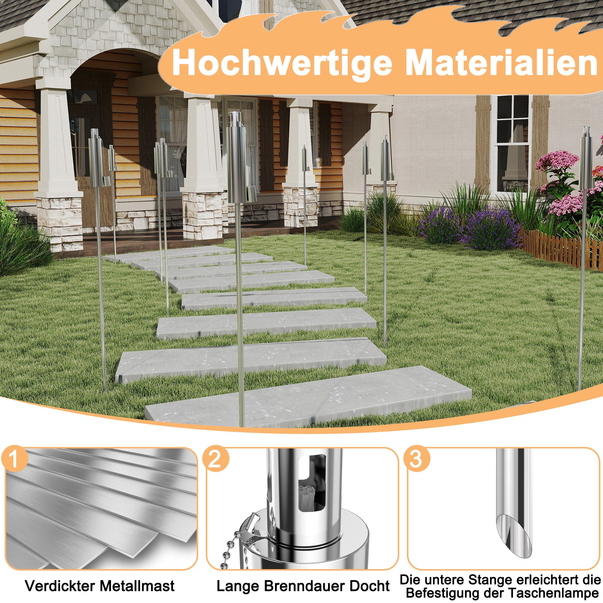 FIVMEN Gartenfackel 6 Edelstahl-Gartenfackeln Geeignet Öllampe mit Docht Tragbare Fackeln, für Garten, Terrasse, Camping